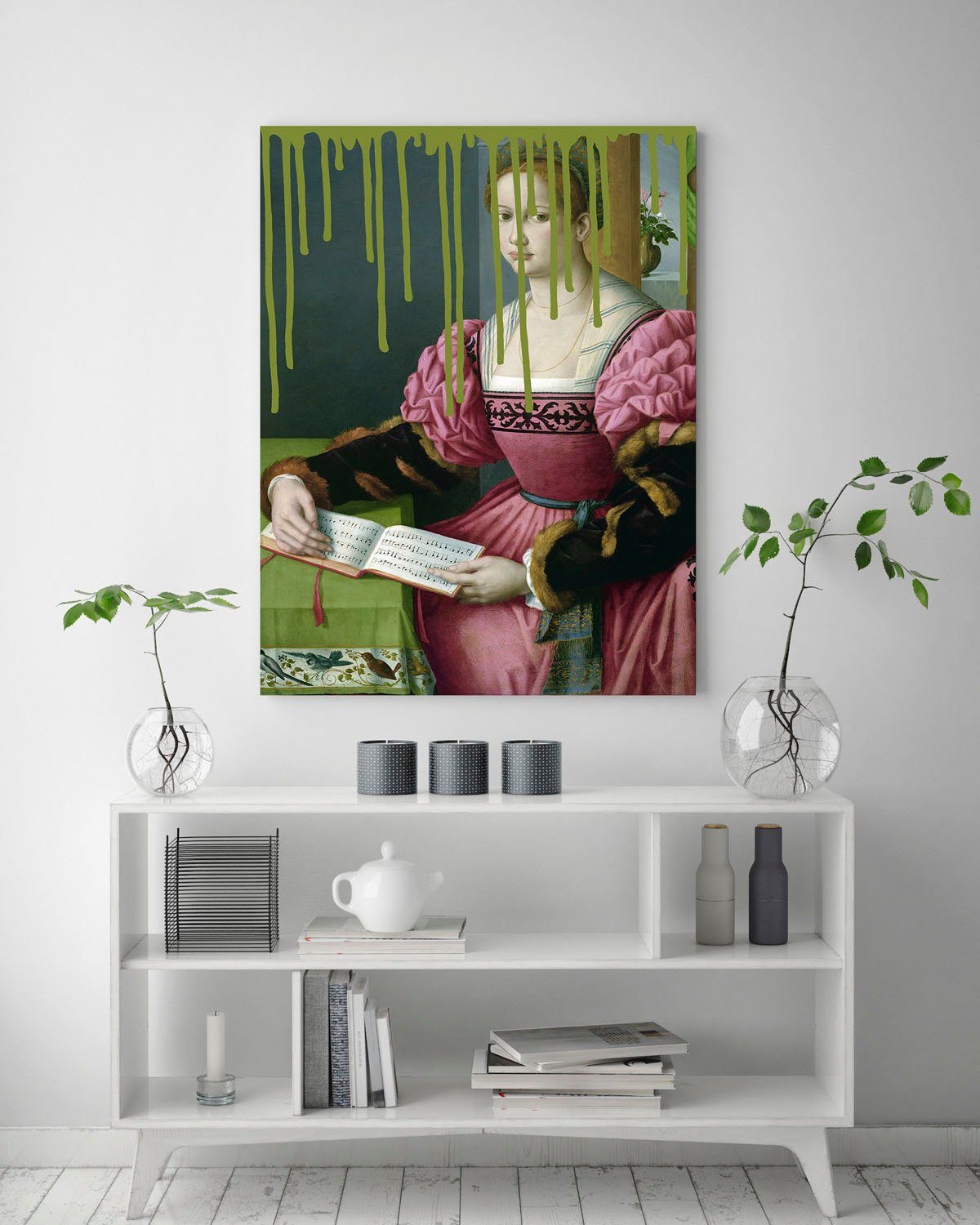 queence Artprint op acrylglas Vrouw met boek en kleurvlek Fine Art-print in galeriekwaliteit