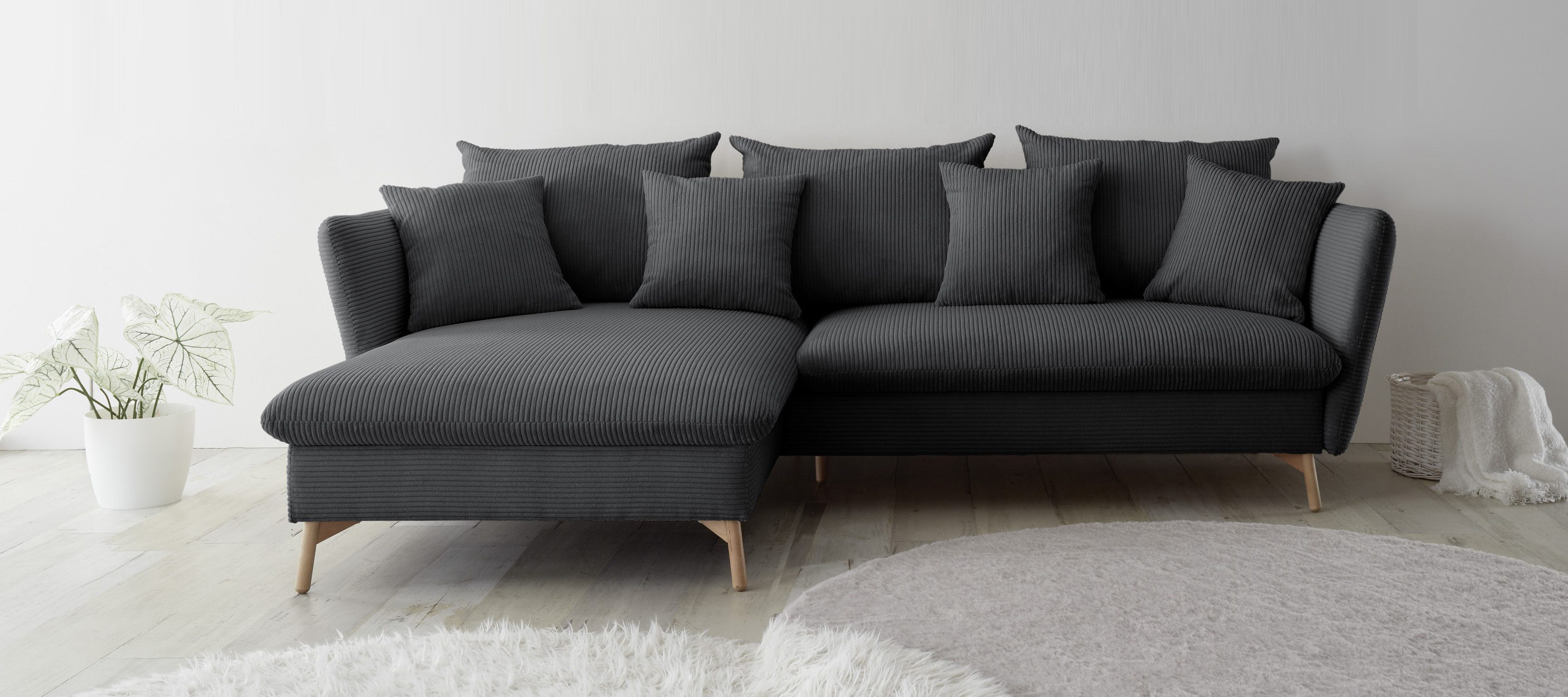 andas Hoekbank MERLE, 258 cm, L-vorm, prachtige corduroy, met slaapfunctie en bedlade, ligoppervlak 224 x 139 grijs, hoekbanken, Breedte ligoppervlak: