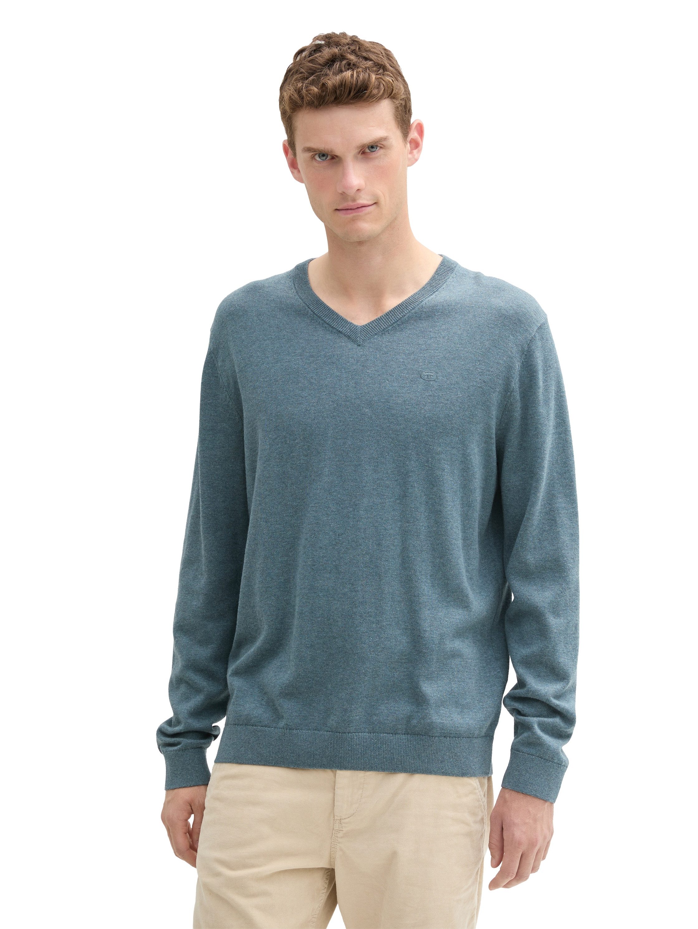 Tom Tailor Trui met V-hals met klein logoborduursel heren v-hals truien maat L groen