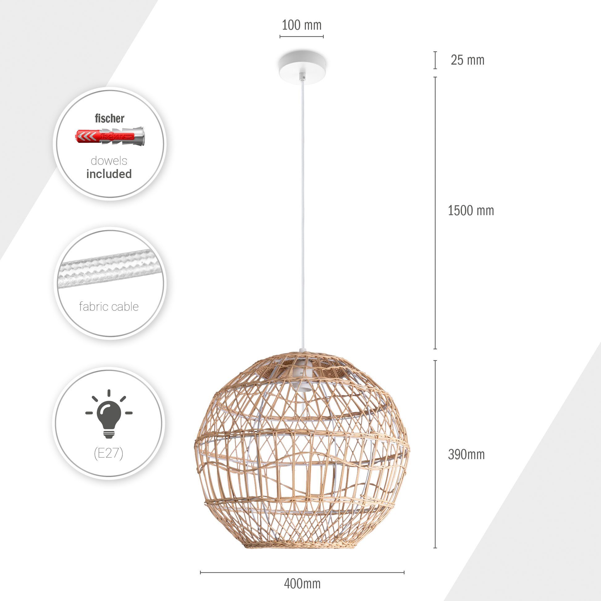 Paco Home Hanglamp Maite Rattan hanglamp mandlamp rond E27 Boho stijl modern woonkamer