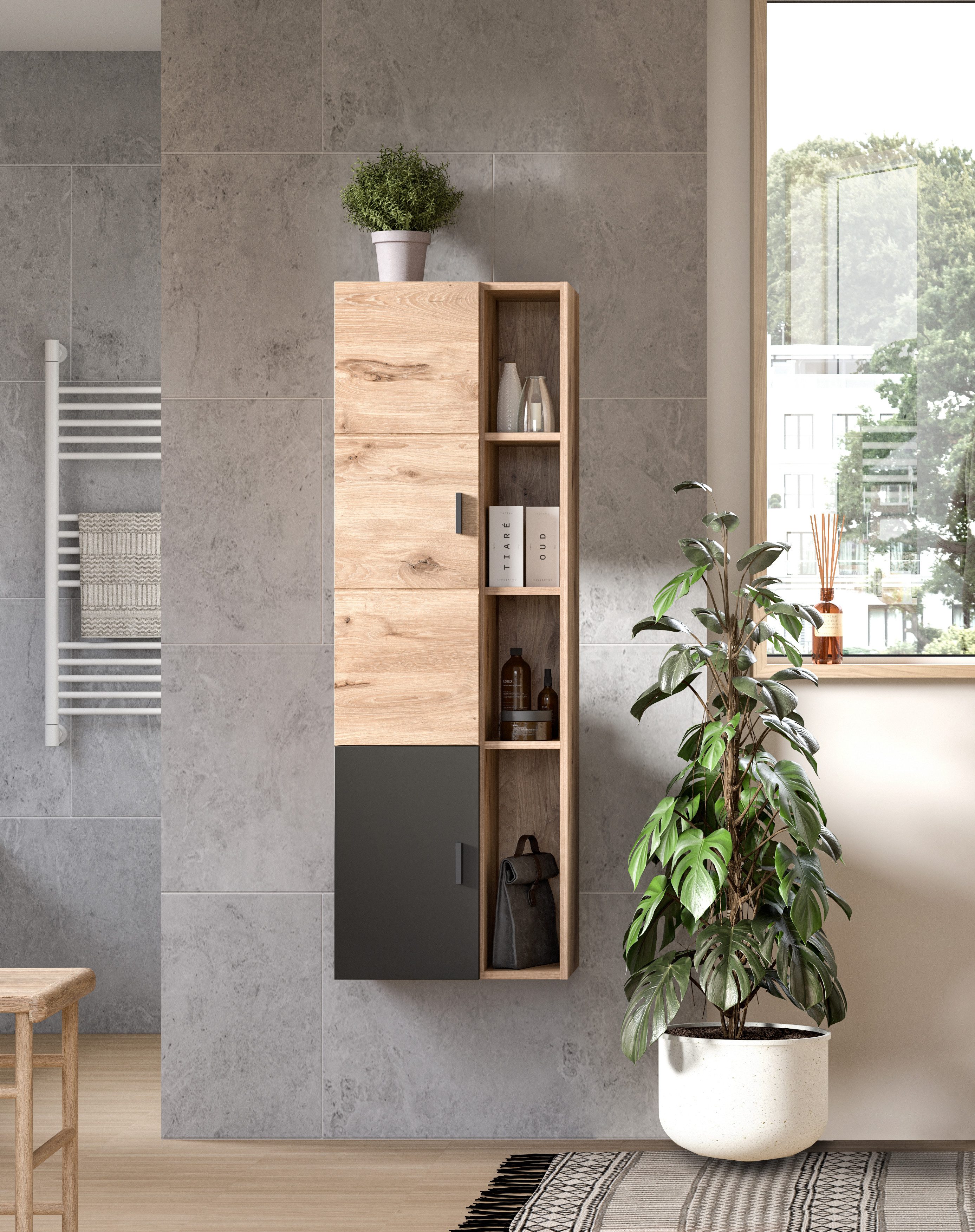 welltime Hoge kast Dolo, breedte 48 cm, 2 deuren, 4 open vakken, 5 variabele planken (1 stuk)