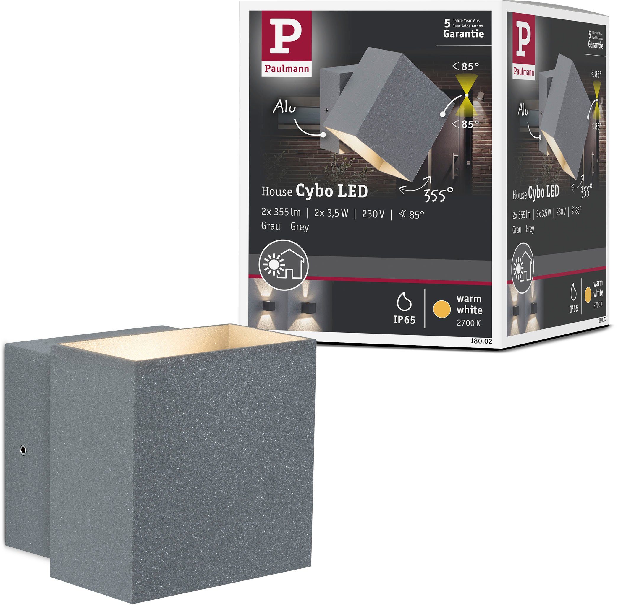 Paulmann Led-wandlamp voor buiten Buiten 230V Cybo LED 2x3,5W 230V IP65 vierkant 100x100mm Grijs Aluminium (1 stuk)