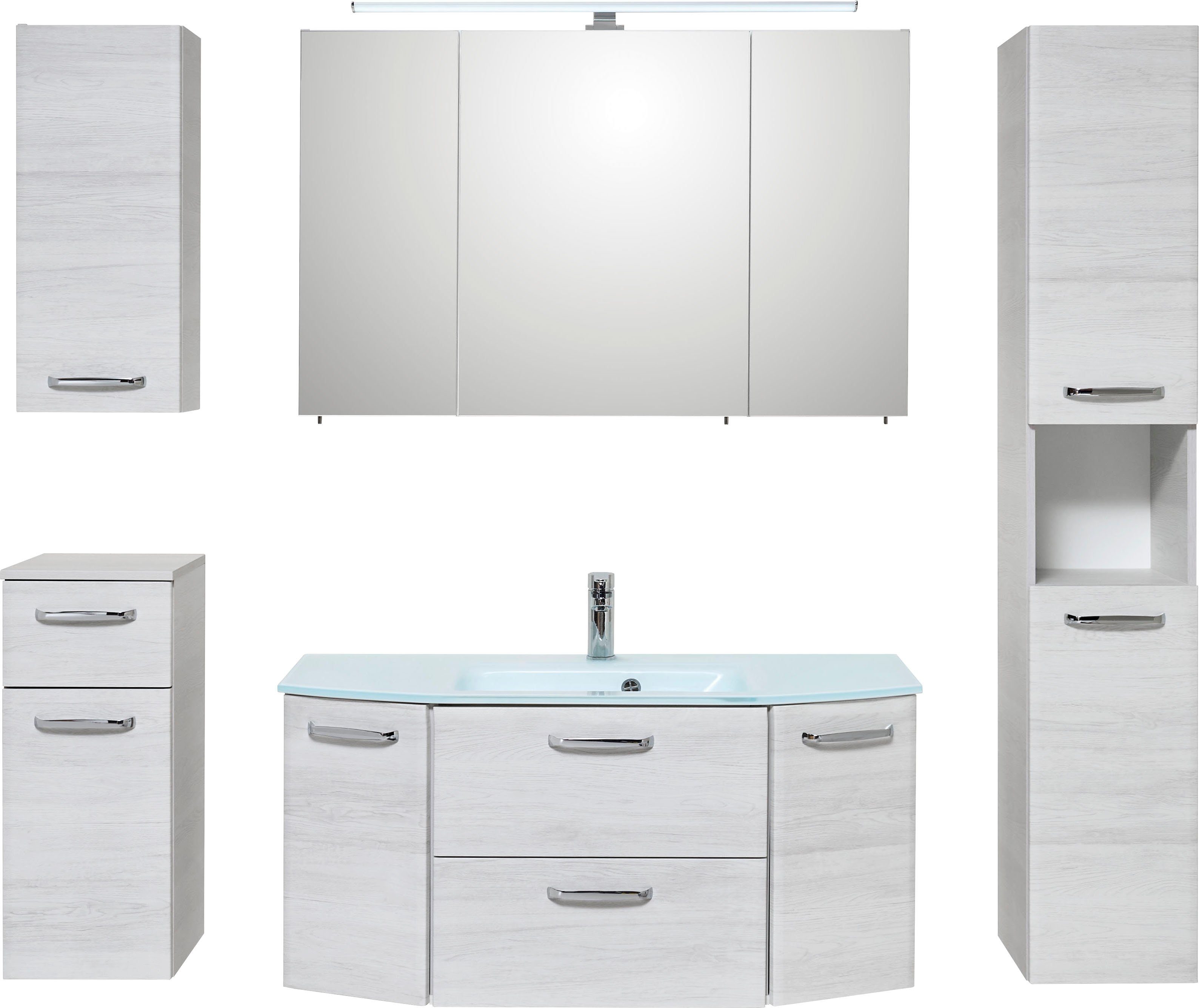 Saphir Badkamerserie Quickset 936 5-delig, keramische wastafel met LED-spiegelkast Wastafelmeubel, inclusief deurdemper, 9 deuren, 1 klep, grepen glanzend chroom (set, 5-delig)