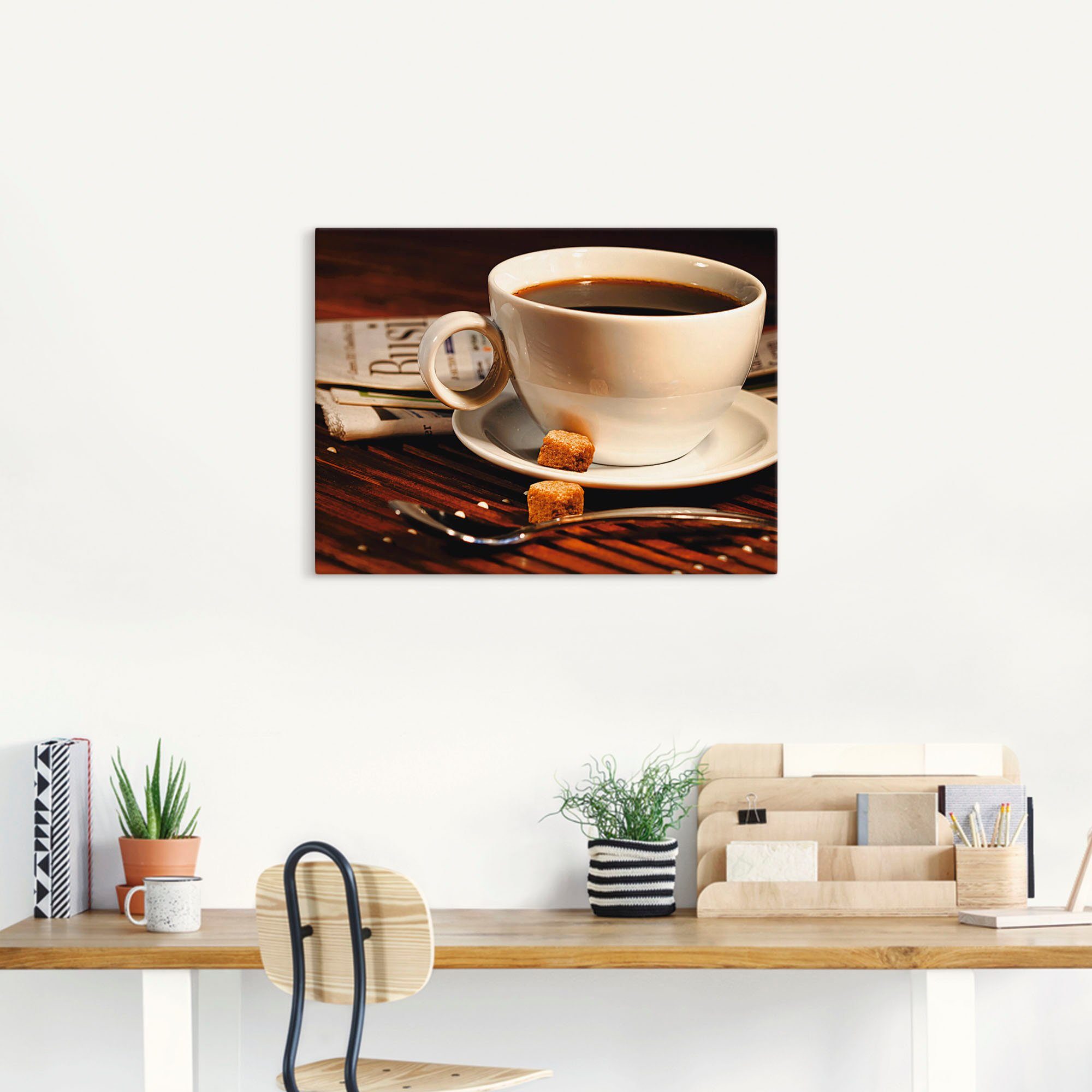 Artland Artprint op linnen Koffiekopje en krant gespannen op een spieraam