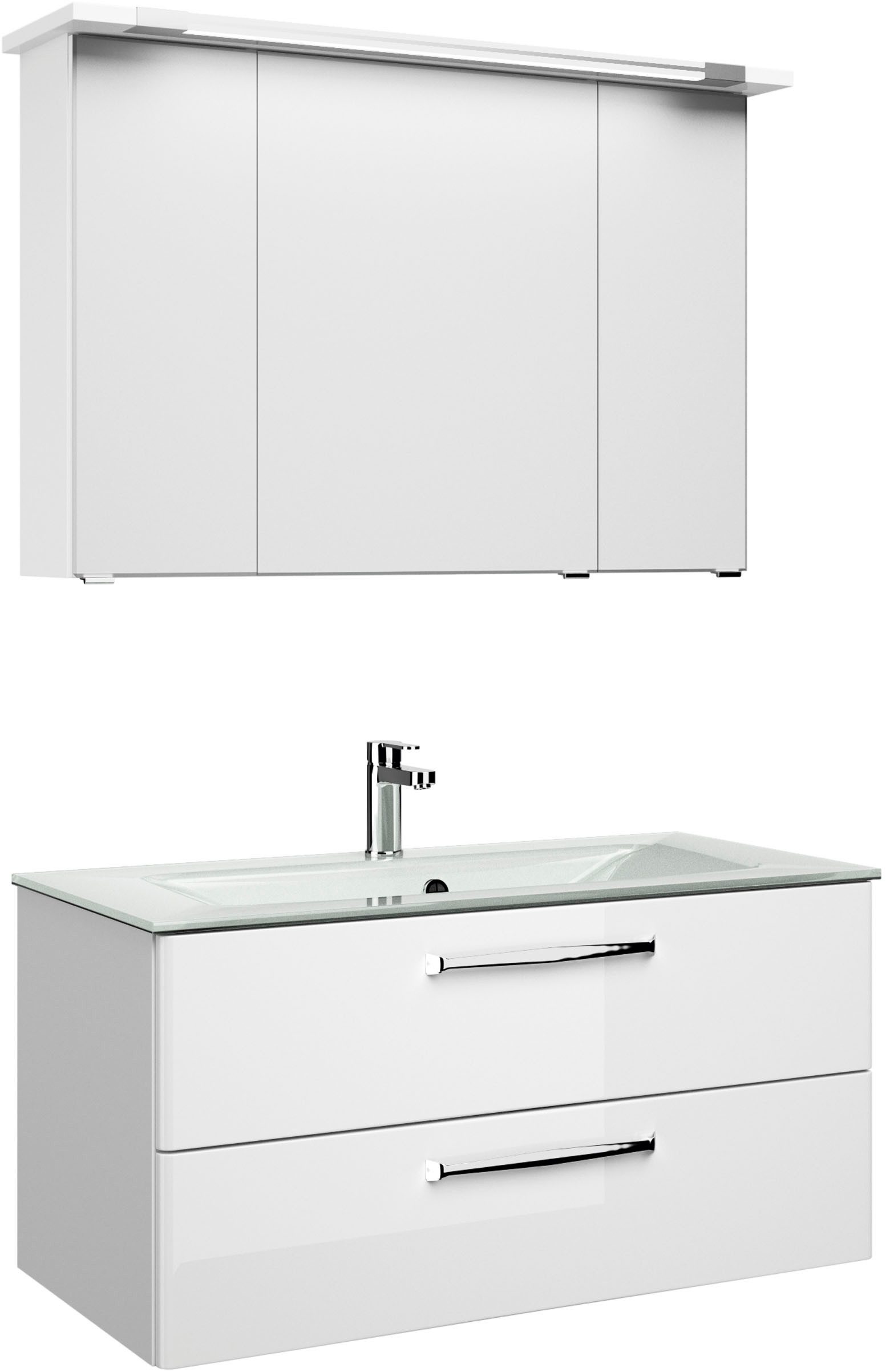 Saphir Badmeubelset Trentino 2-delig glazen wastafel, spiegelkast met LED-verlichting Badkamermeubel-set 107cm breed, incl. deurdemper, 3 deuren, 2 lades (3 stuks)