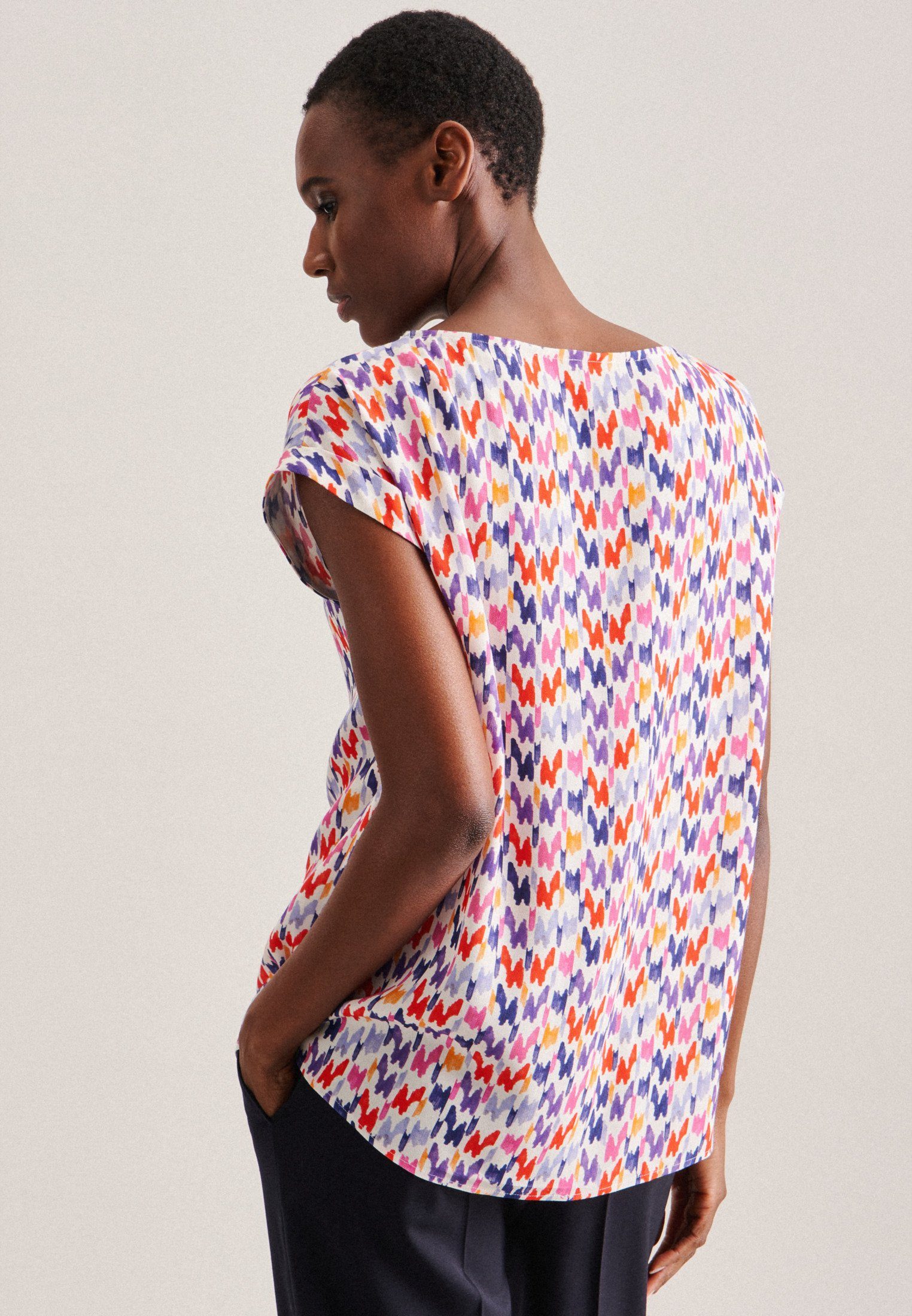 seidensticker Shirtblouse Zwarte roos Korte mouwen ronde hals print