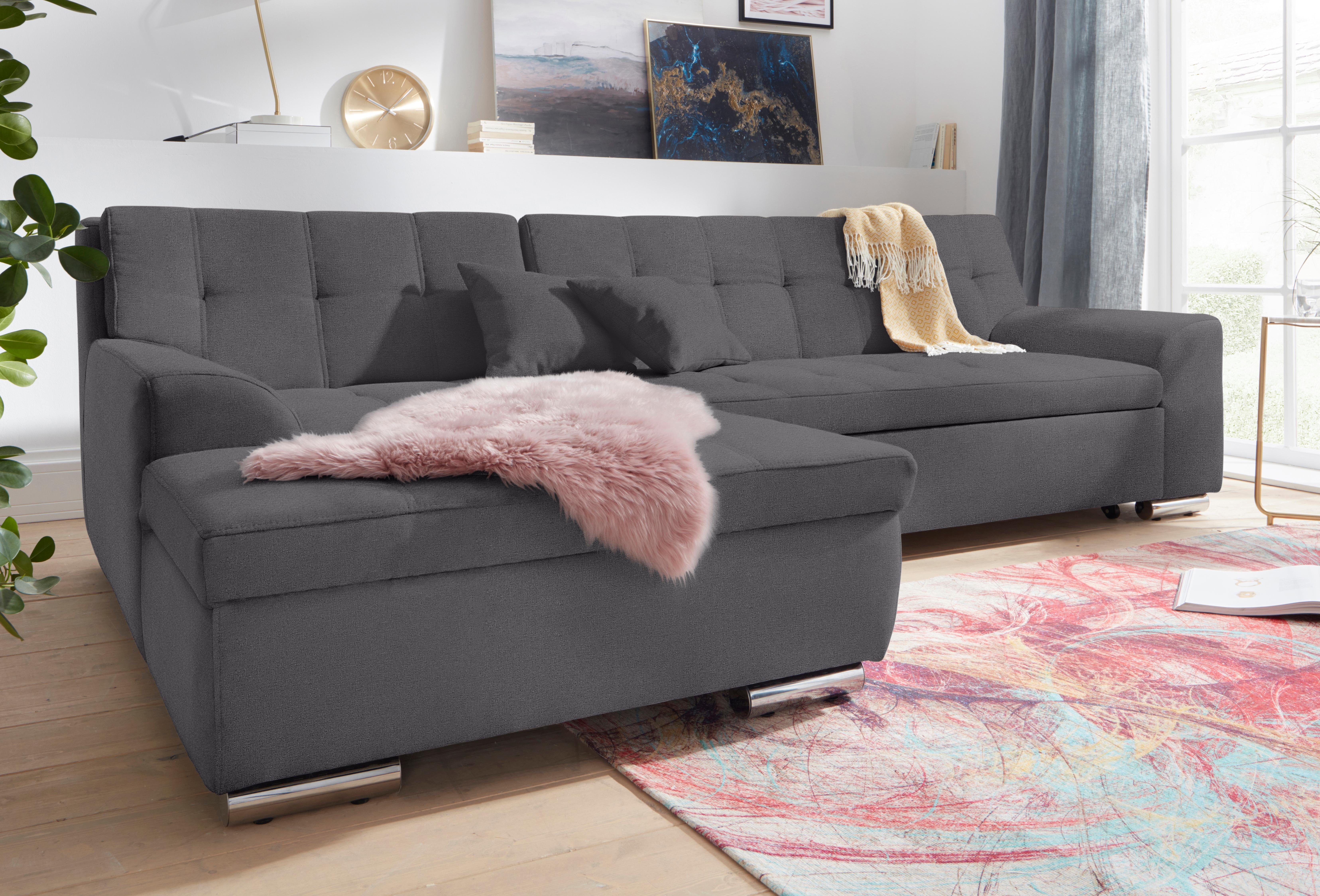 DOMO collection Hoekbank Aversa, moderne stiksels in de zitting en rug, gebogen armleuningen,