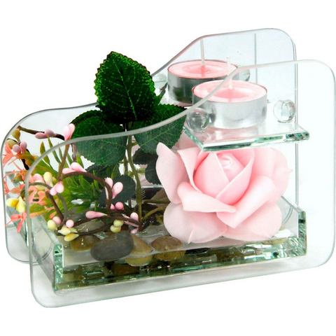 kunstplant Rose im Glas mit Teelicht
