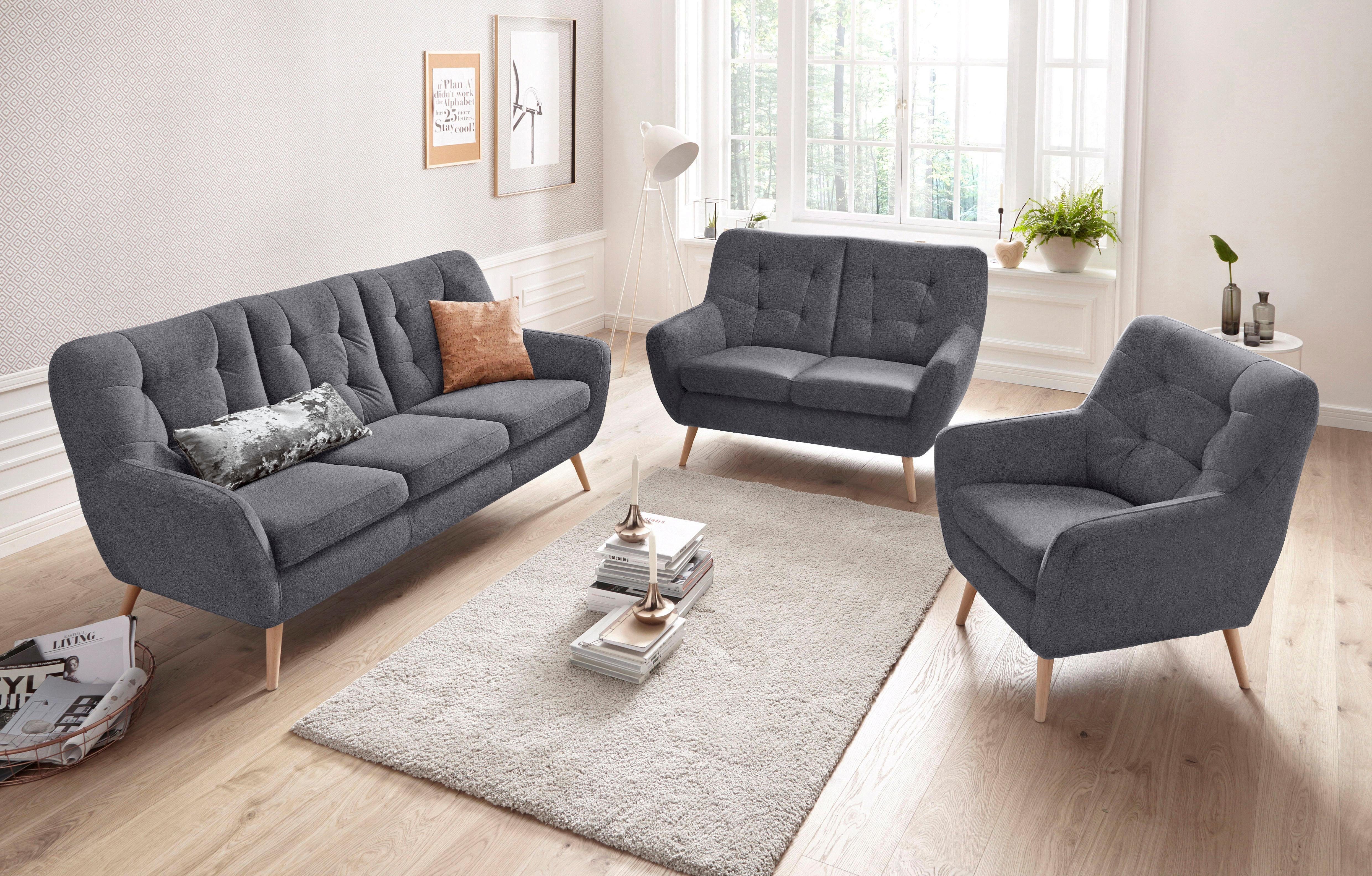 exxpo - sofa fashion 3-zitsbank Scandi, comfortabel, verfijnde rugkussens voor meer zitcomfort actuele kleuren in hoogwaardige bekledingskwaliteiten, houten voet