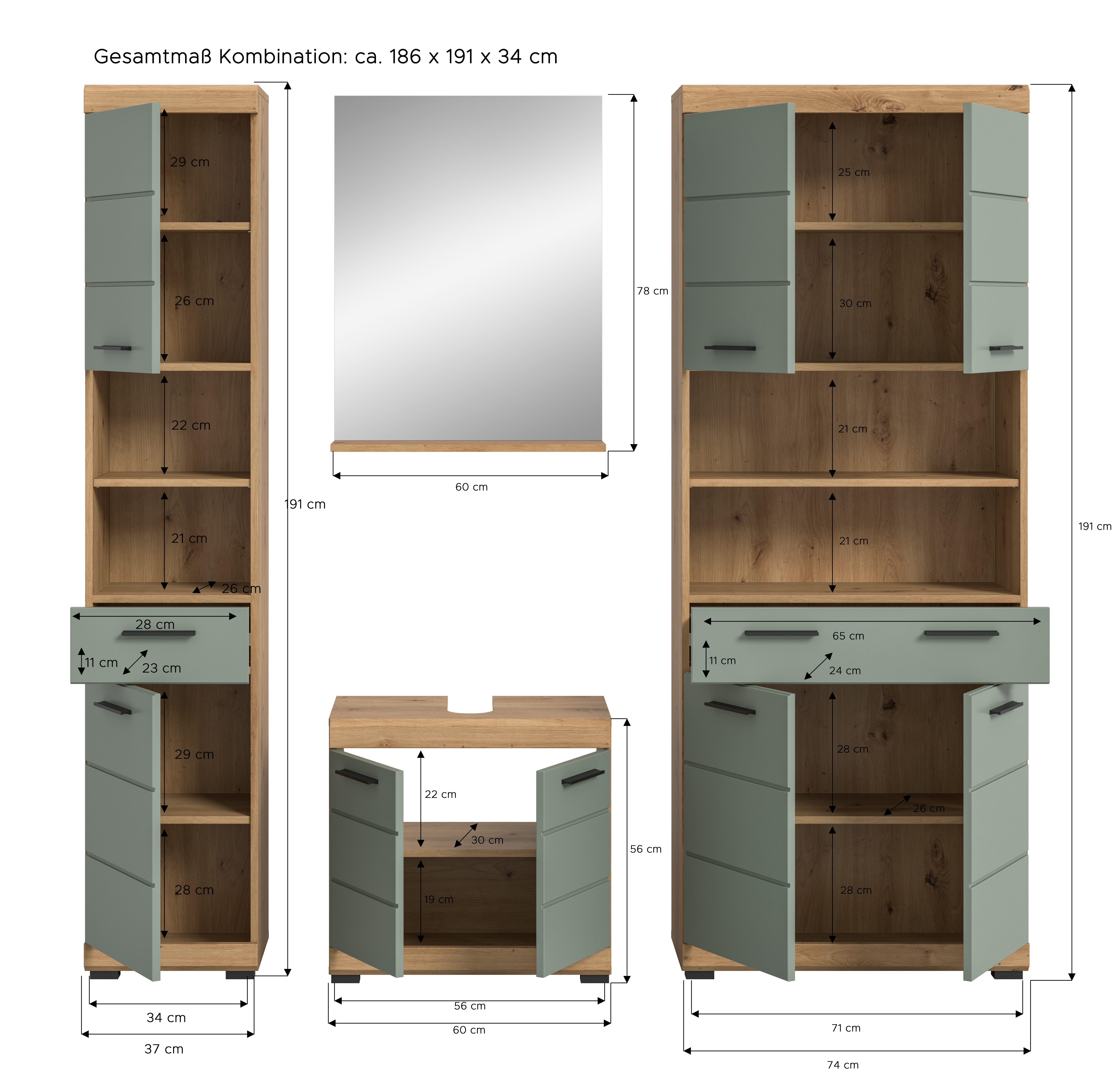 INOSIGN Badkamerserie Siena, 4-delig, bestaande uit: Hoge kast, wastafelonderkast, badkamer spiegel, brede hoge kast (set, 4-delig)