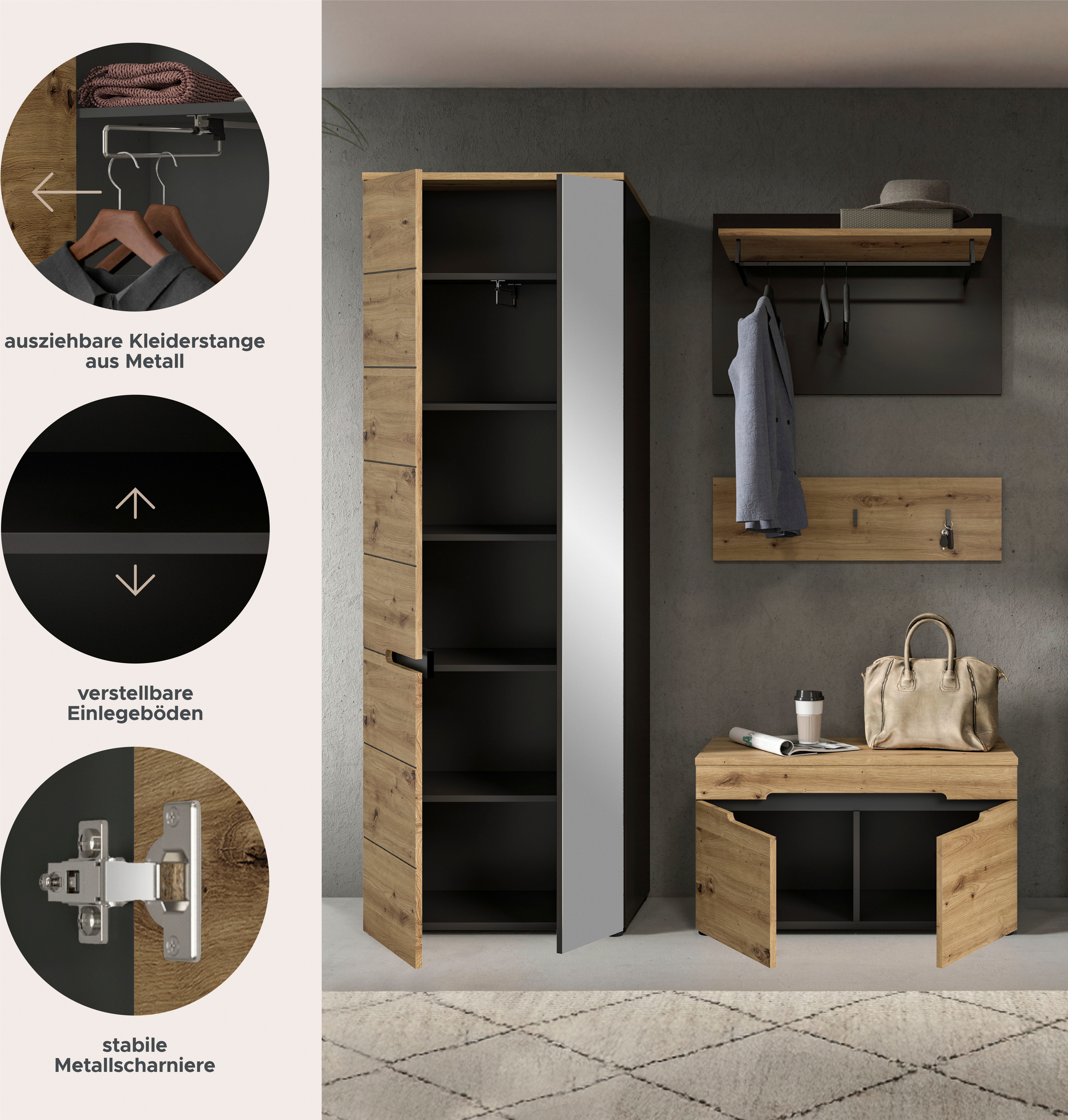 INOSIGN Halmeubelset Garderobekombinatie Rehat, Breedte 160cm, in Basaltgrijs/Artisan Eik Halmeubelen, gangmeubelen, combinatie, hal, garderobe, garderobemeubelen (3 stuks)