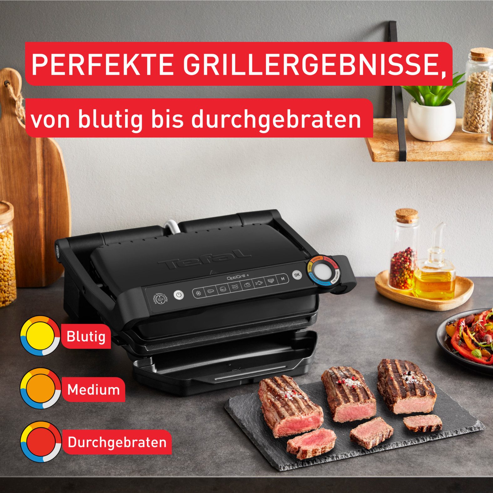 Tefal Contactgrill OptiGrill+, erneuerte Kochstufenanzeige, 6 automatische Programme