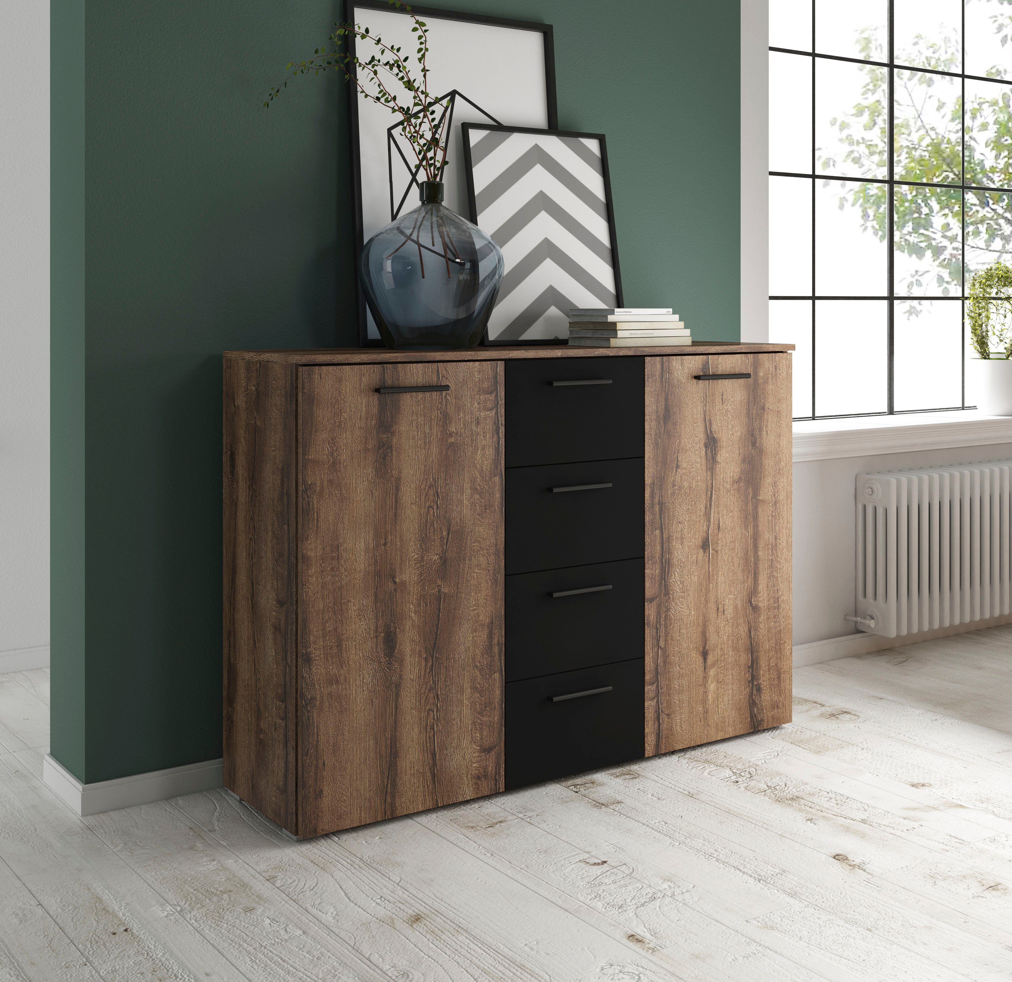 INOSIGN Kast met laden en deuren Beta breedte 132 cm, tijdloze ladekast, dressoir Dressoir, veel bergruimte, 2-deurs 4 laden, 132x38x93cm