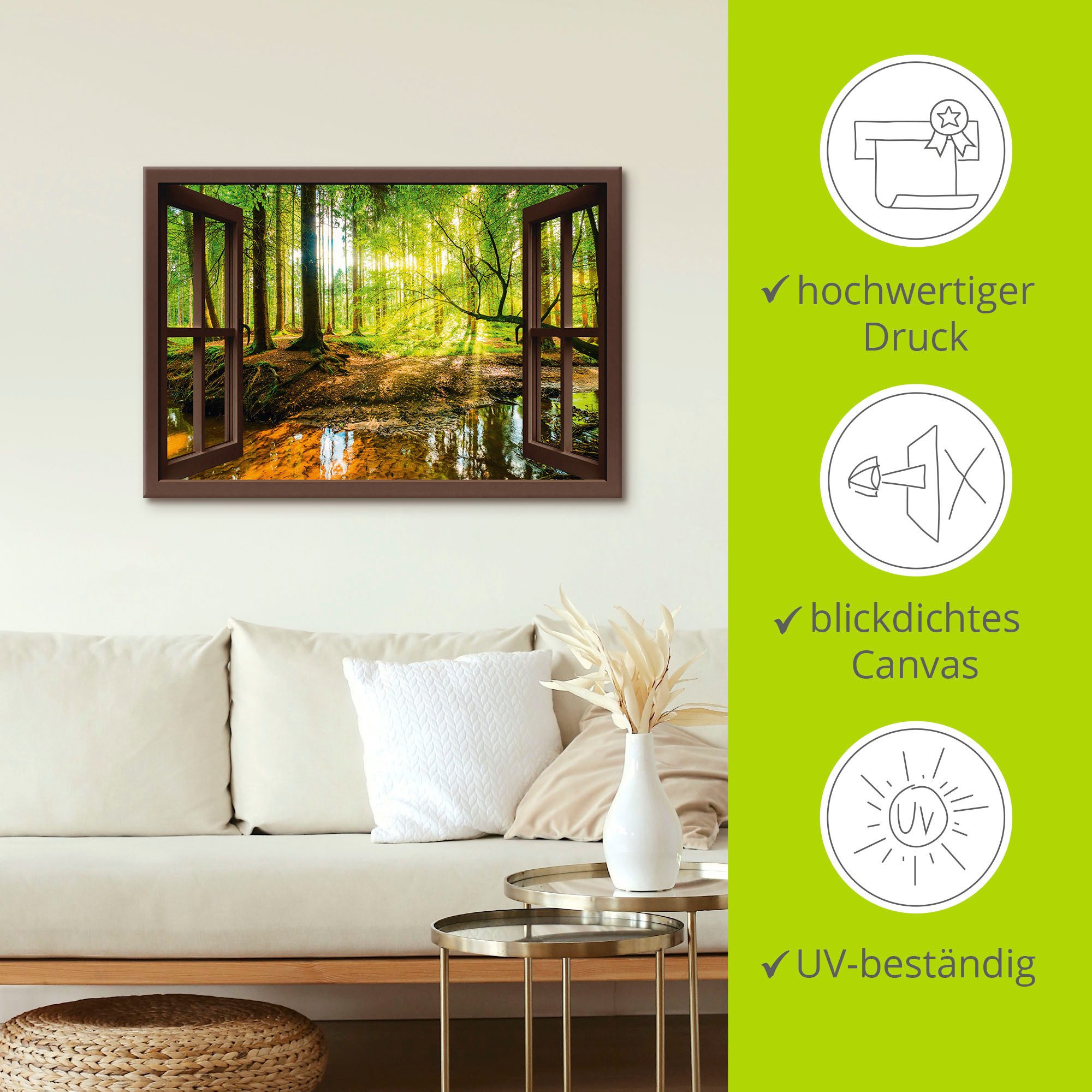 Artland Artprint Blik uit het venster - bos met beek als artprint op linnen, poster, muursticker in verschillende maten