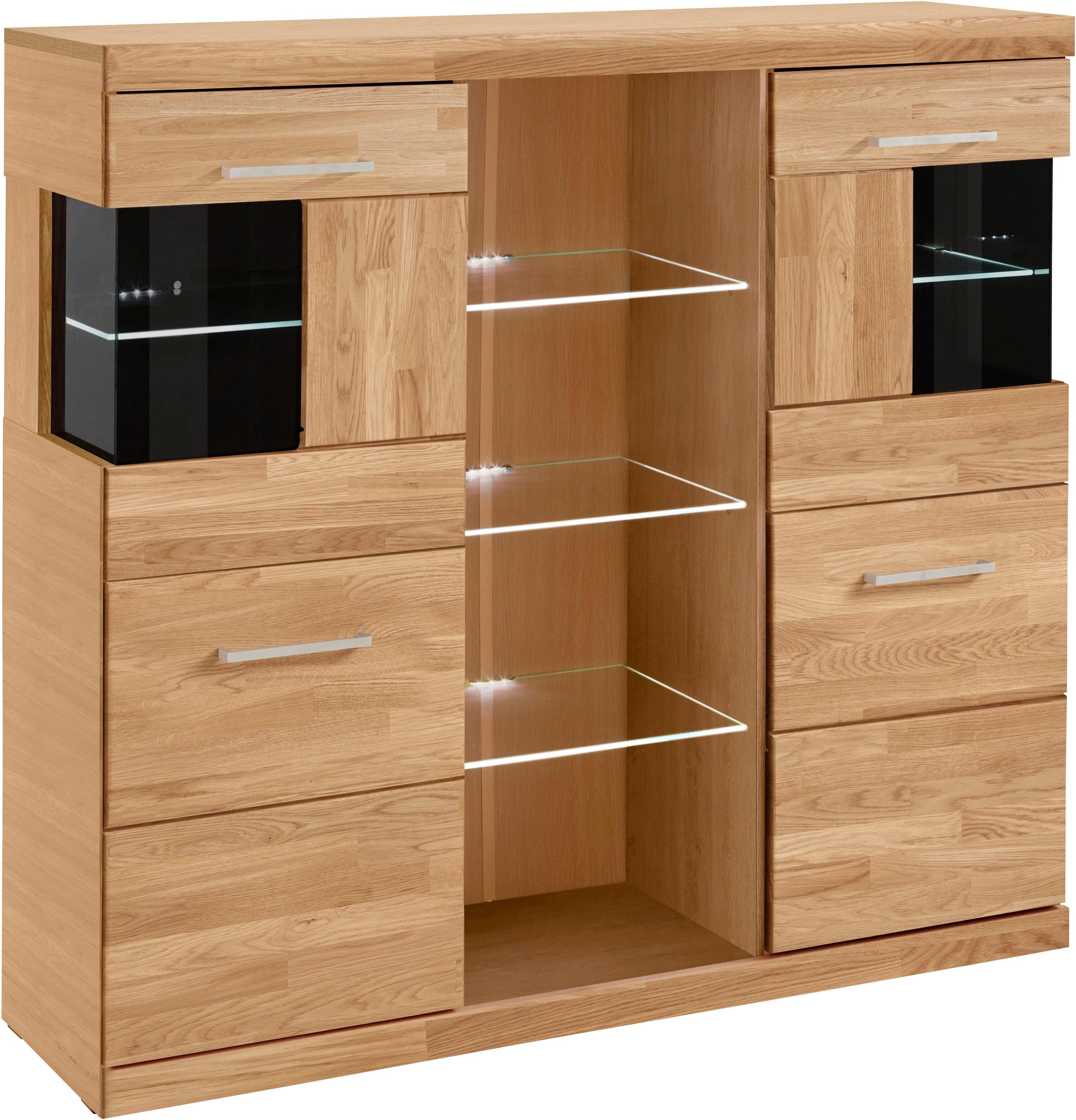 Home affaire Highboard Ribe, 120cm breed, 112cm hoog, bovenblad massief, 12 vakken