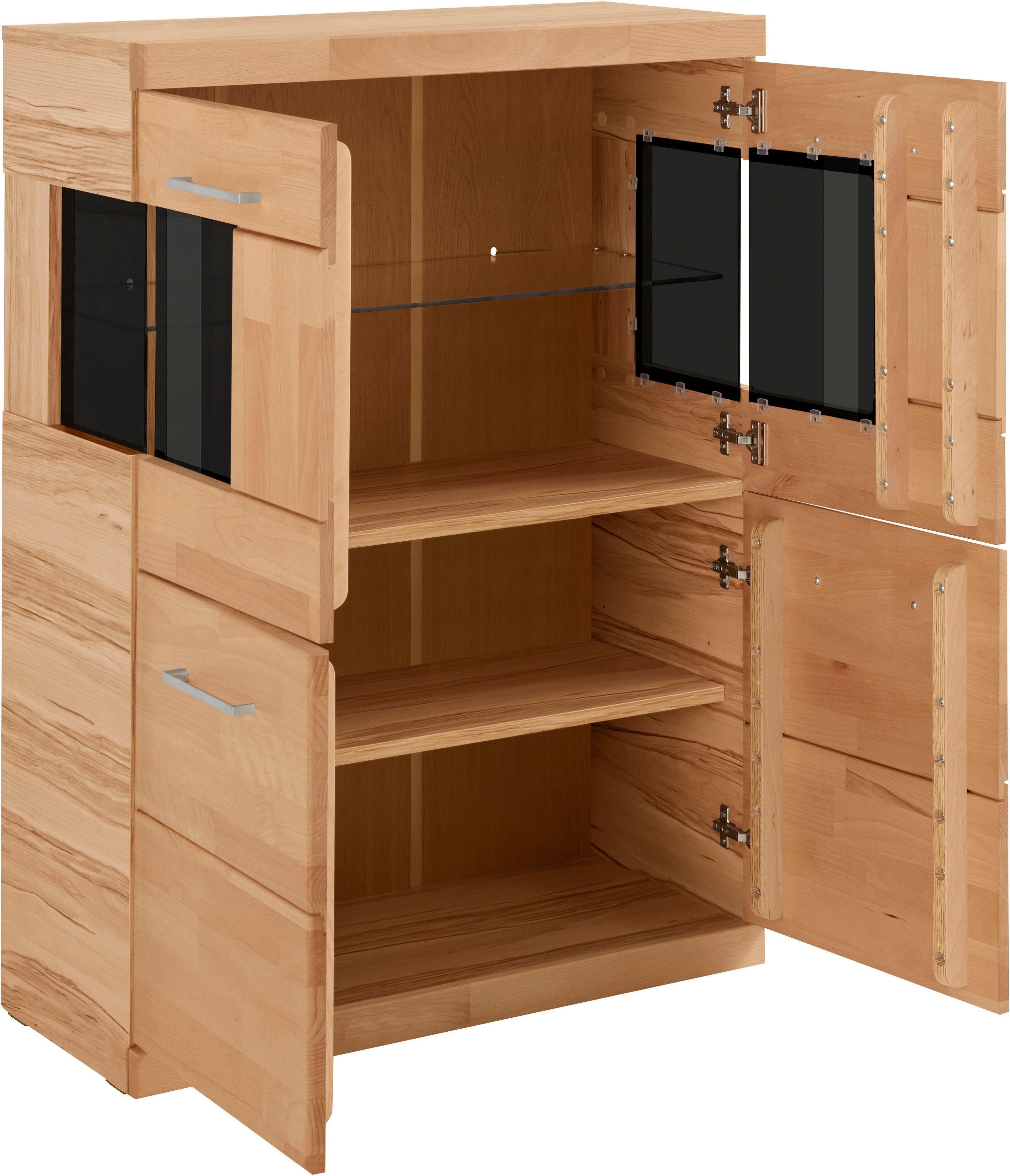 Home affaire Highboard Ribe, 85cm breed, 115cm hoog, fronten massief hout, 4 brede vakken Corpus houtmateriaal, 2 deuren met glazen inzet, planken verstelbaar
