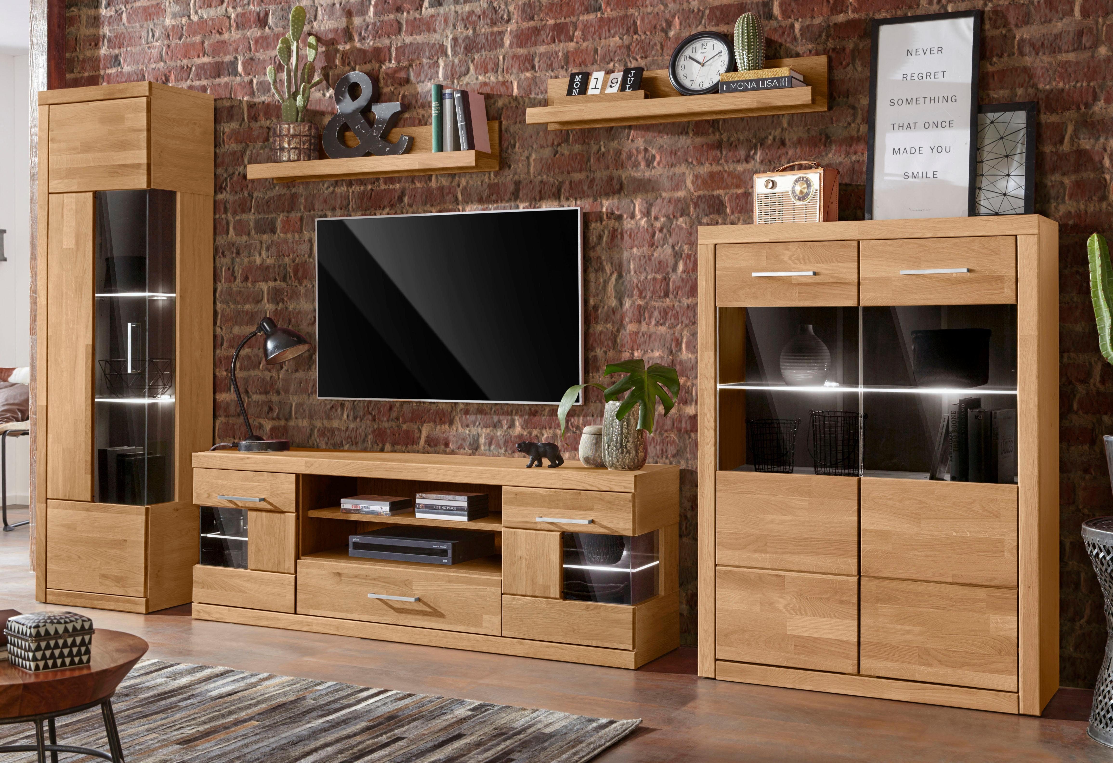 Home affaire Wandmeubel Ribe, fronten massief hout, lichaam houtvezelplaat, veel opbergruimte (set, 5-delig) tv-wandmeubels bruin