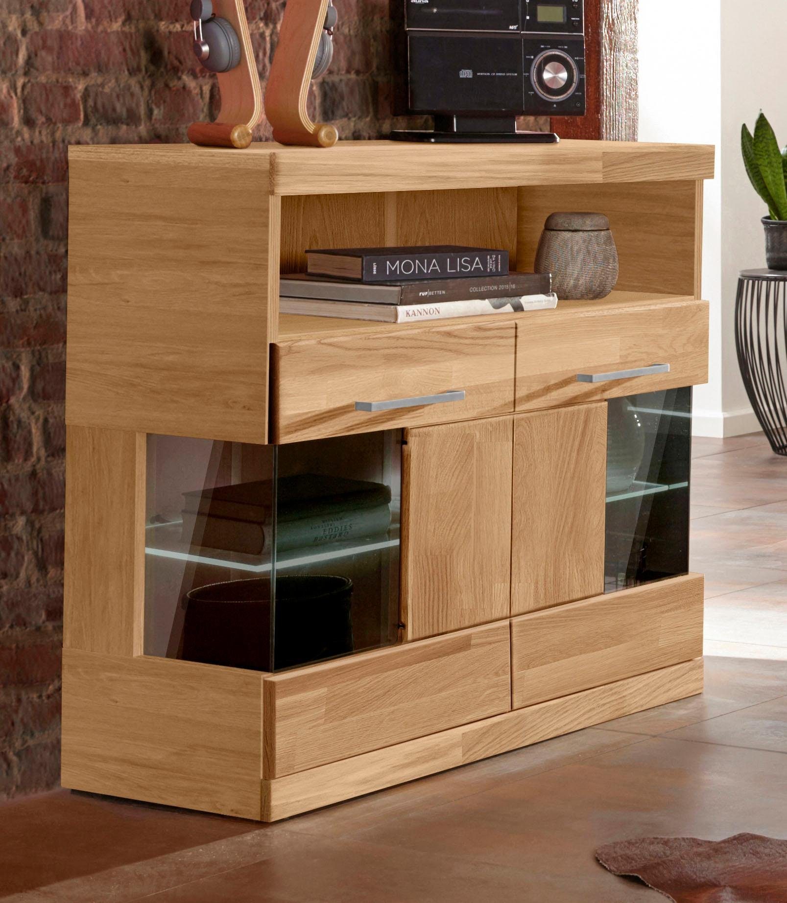 Home affaire Kast Ribe 85cm breed, 35 cm diep, fronten massief hout, 2 deuren met glazen inzet dressoirs maat 85x35x80 cm bruin