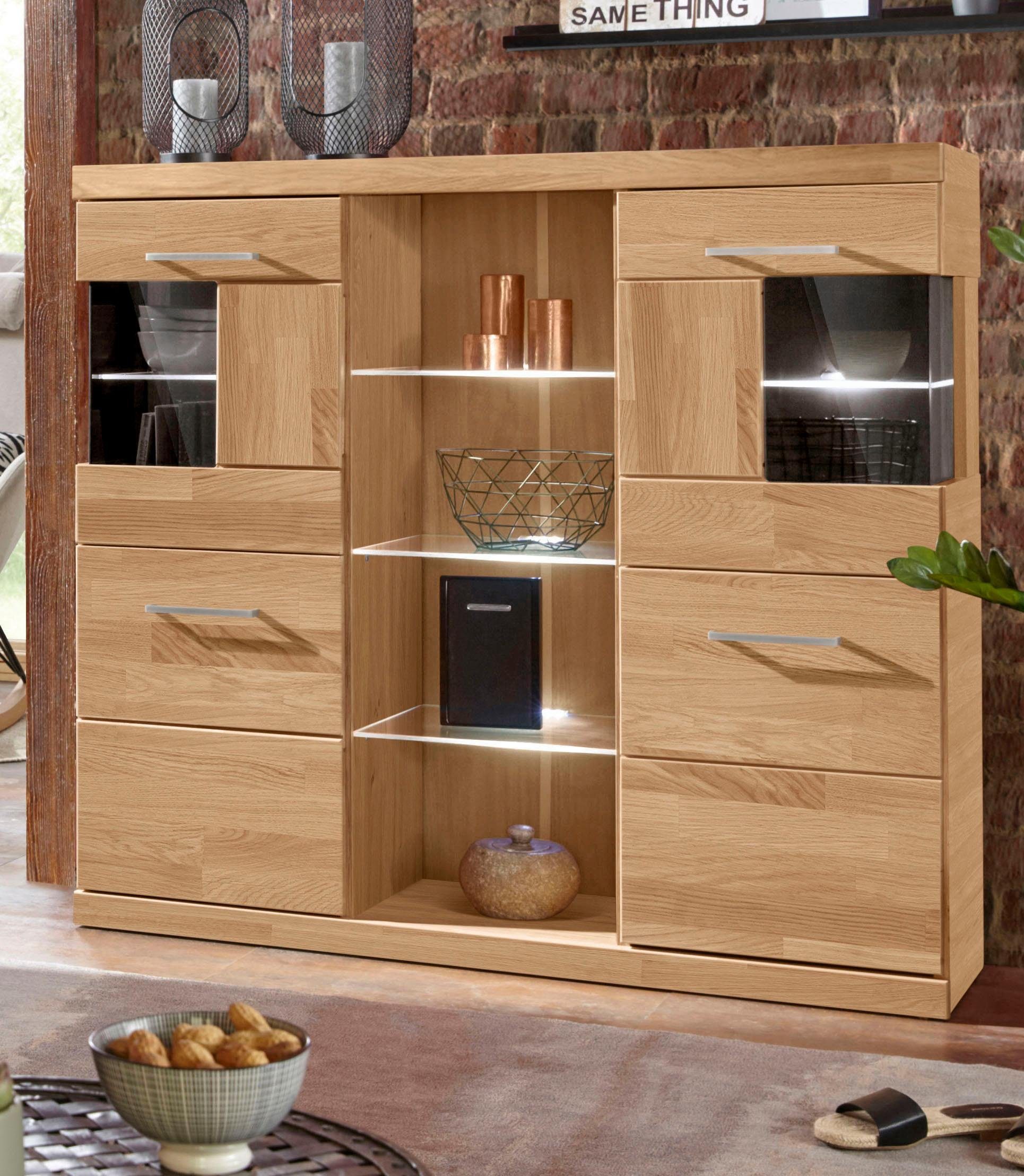 Home affaire Highboard Ribe,120cm breit,112cm hoch,Oberplatte massiv,12 Fächer highboards bruin