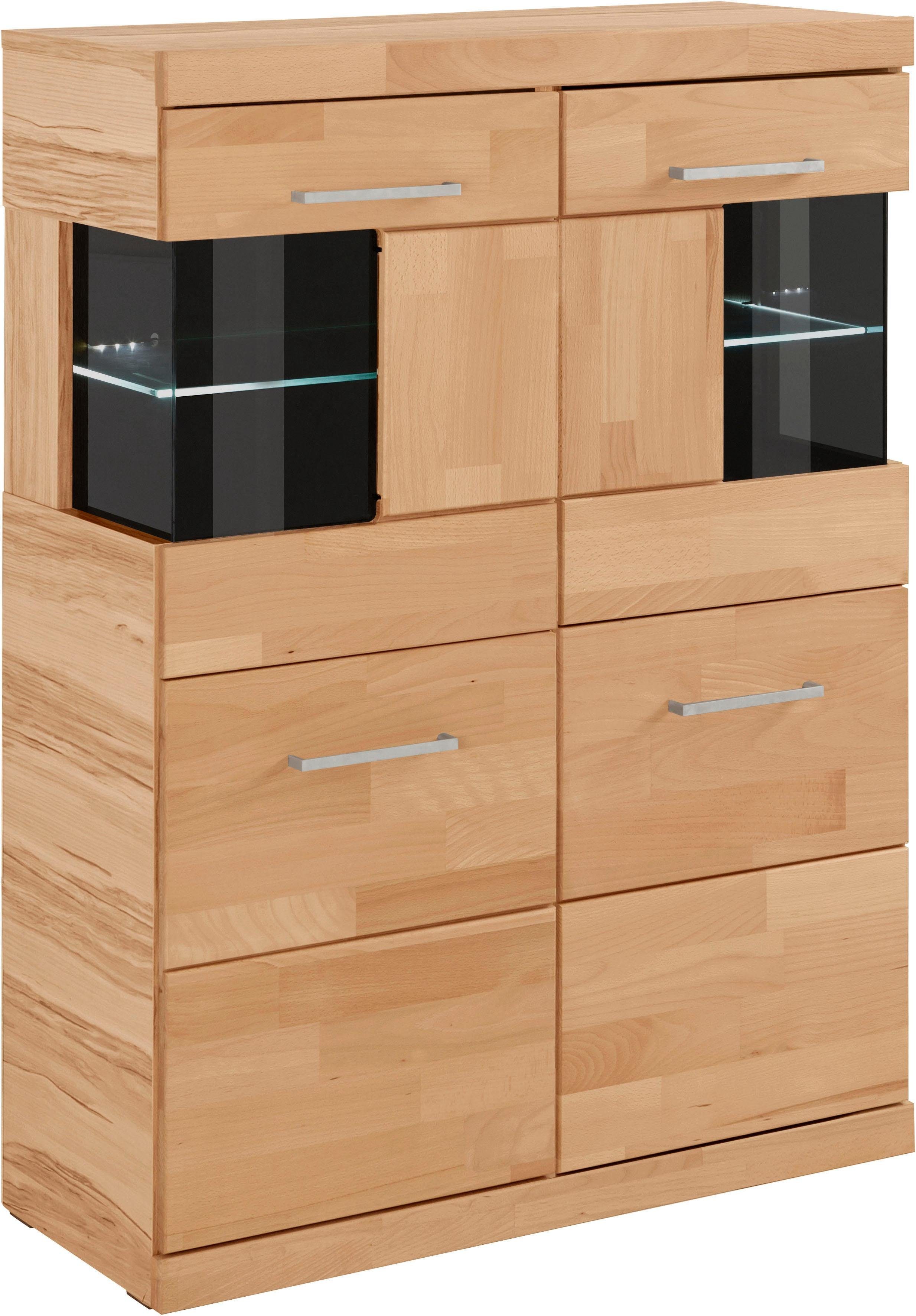 Home affaire Highboard Ribe, 85cm breed, 115cm hoog, fronten massief hout, 4 brede vakken Corpus houtmateriaal, 2 deuren met glazen inzet, planken verstelbaar