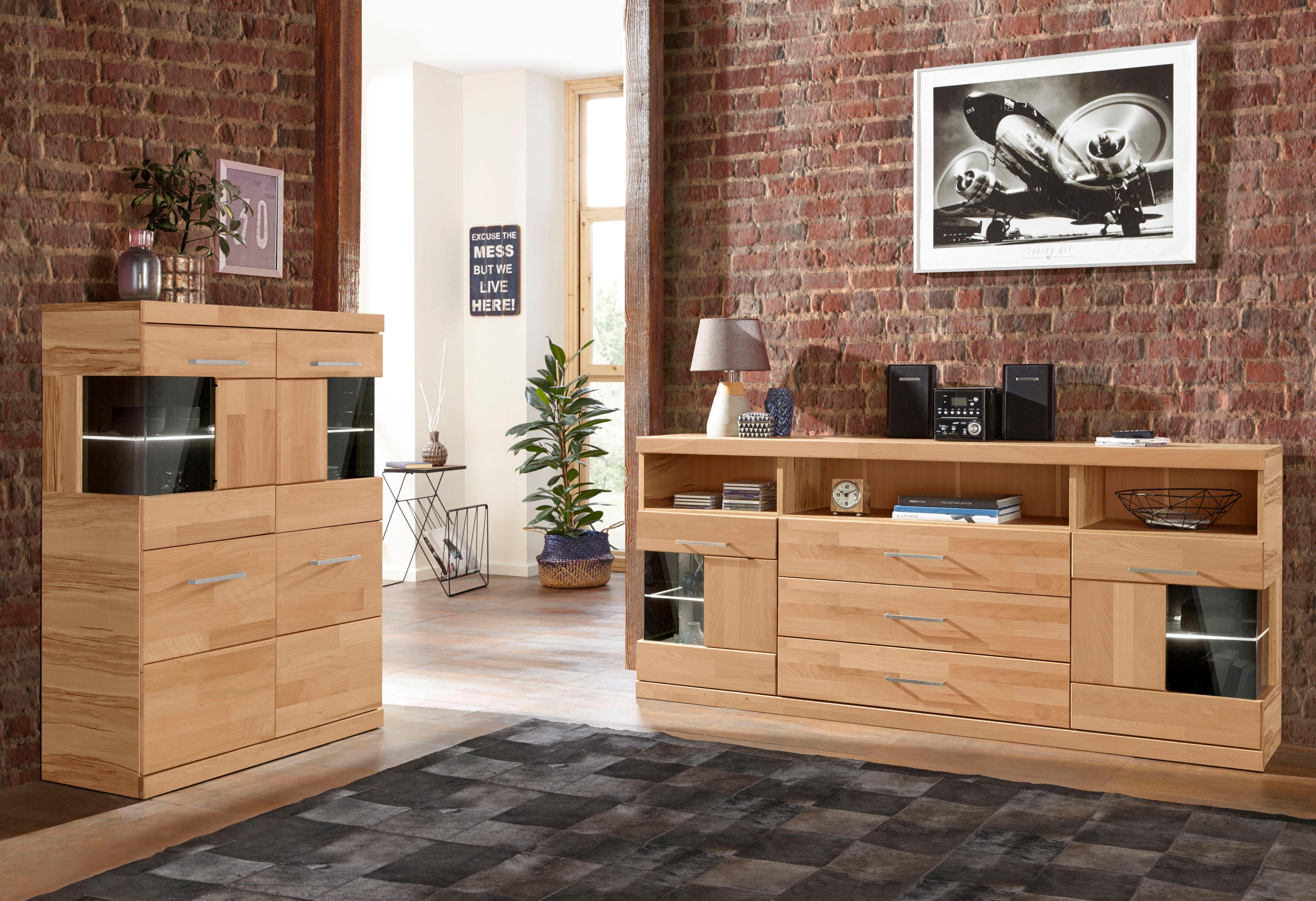 Home affaire Highboard Ribe, 85cm breed, 115cm hoog, fronten massief hout, 4 brede vakken Corpus houtmateriaal, 2 deuren met glazen inzet, planken verstelbaar