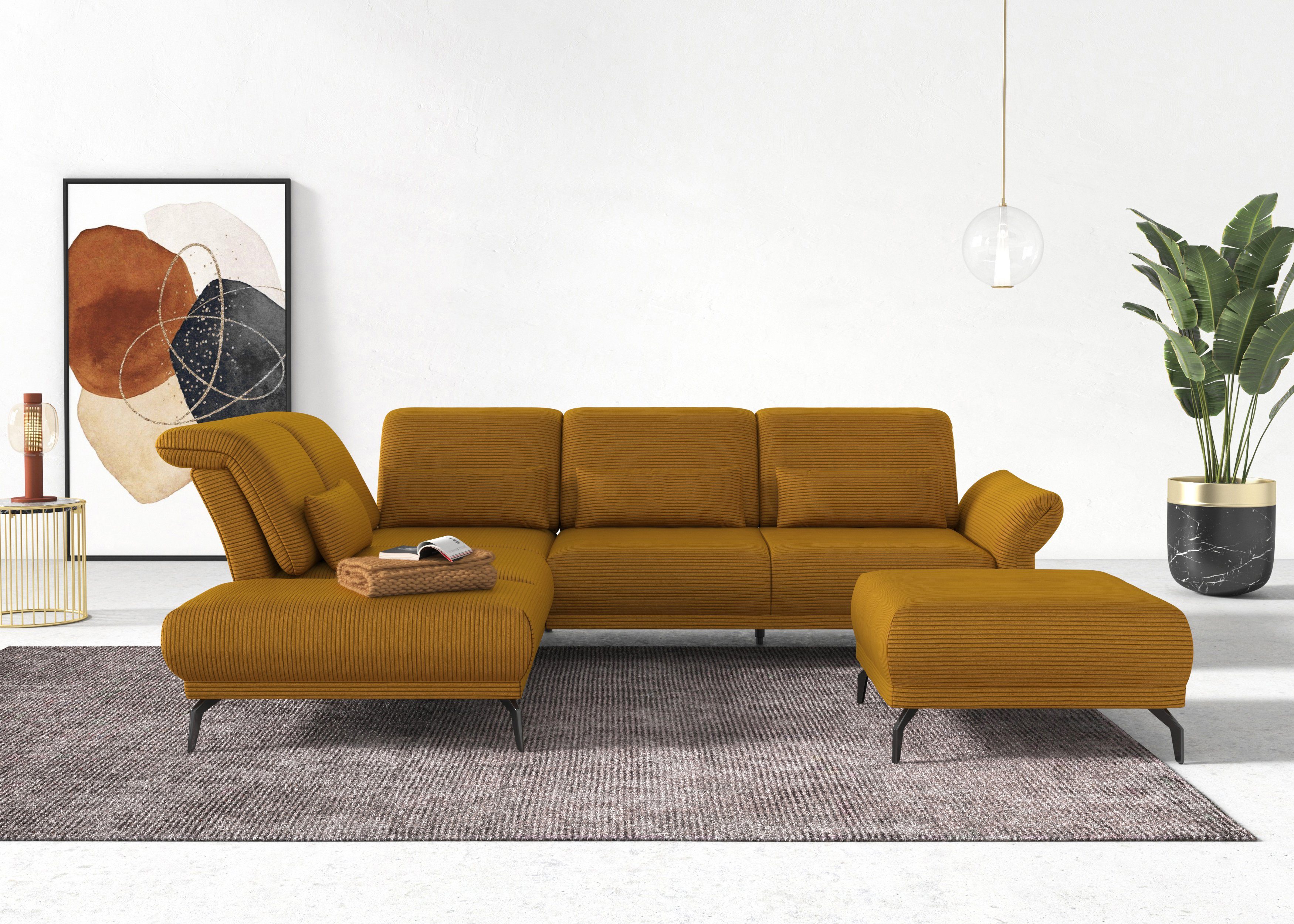 INOSIGN Hoekbank Coco L-vorm Verstelbare zitdiepte, armleuning en hoofdeind, cordbekleding, poothoogte 15 cm