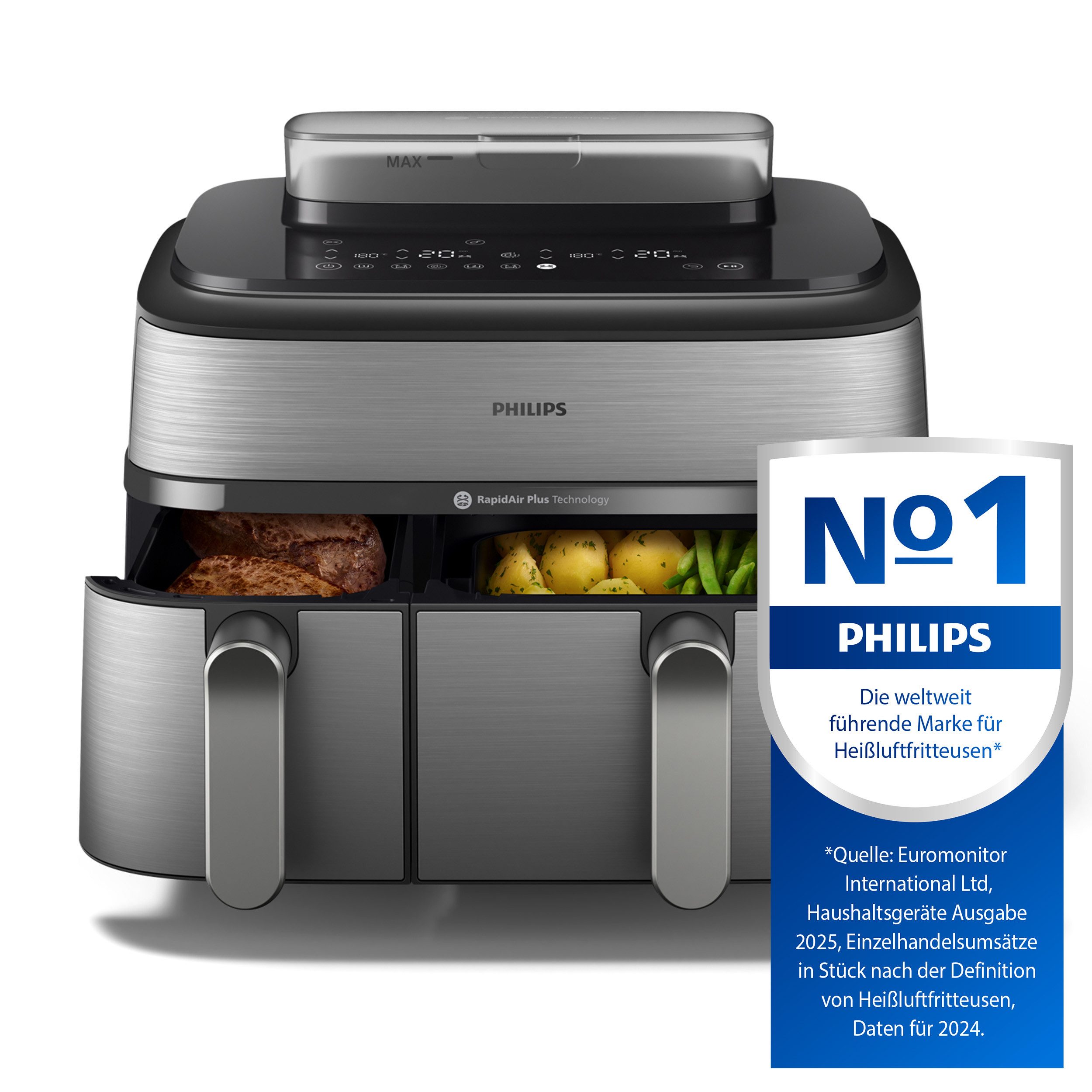 Philips Airfryer Steam Airfryer 5000 Dual Basket NA555/00, Airfryen & Dampfgaren, 3L+6L