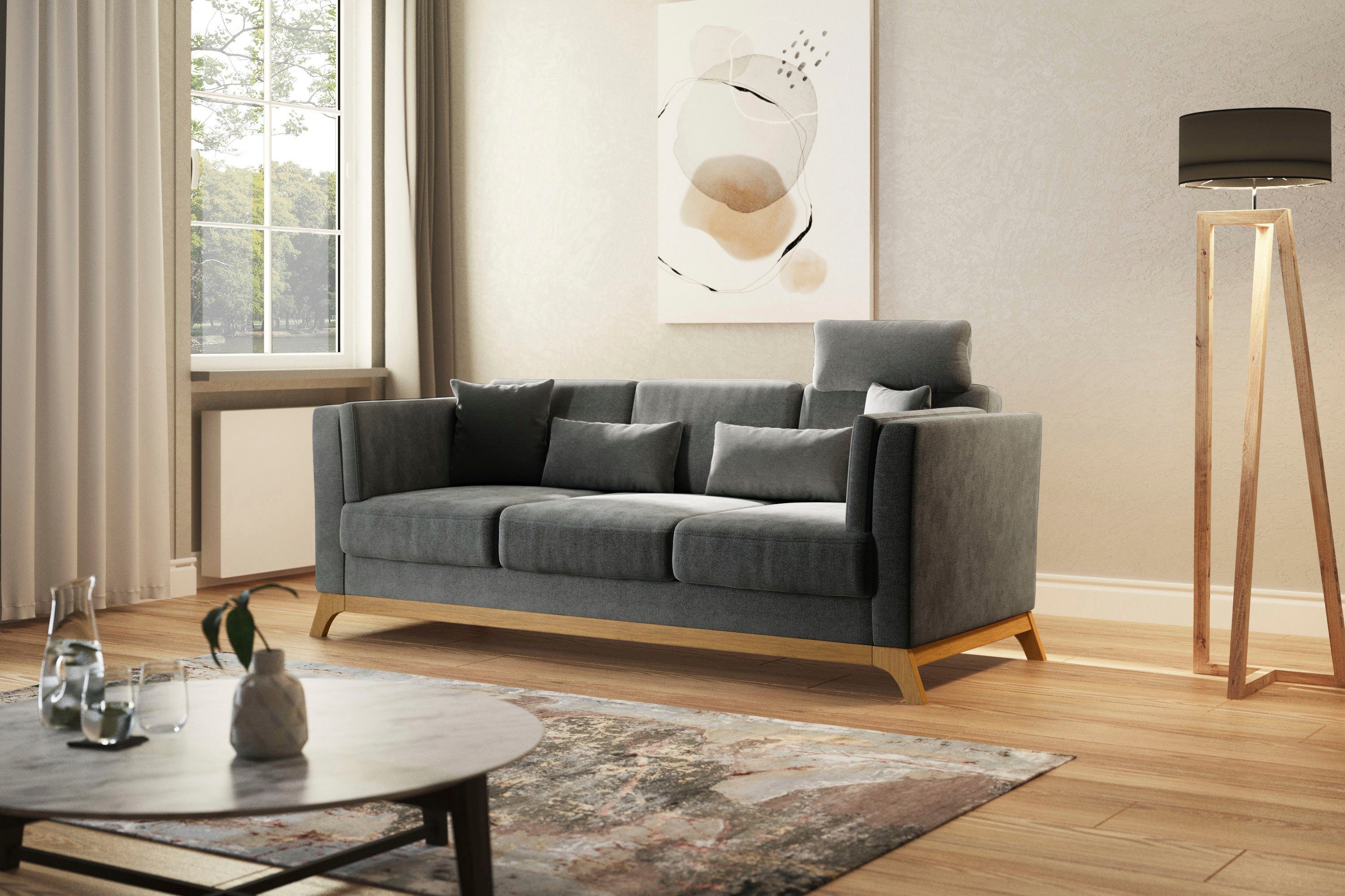 Home affaire 3-zitsbank Viva met houten frame van eikenhout grijs, 3-zitsbanken
