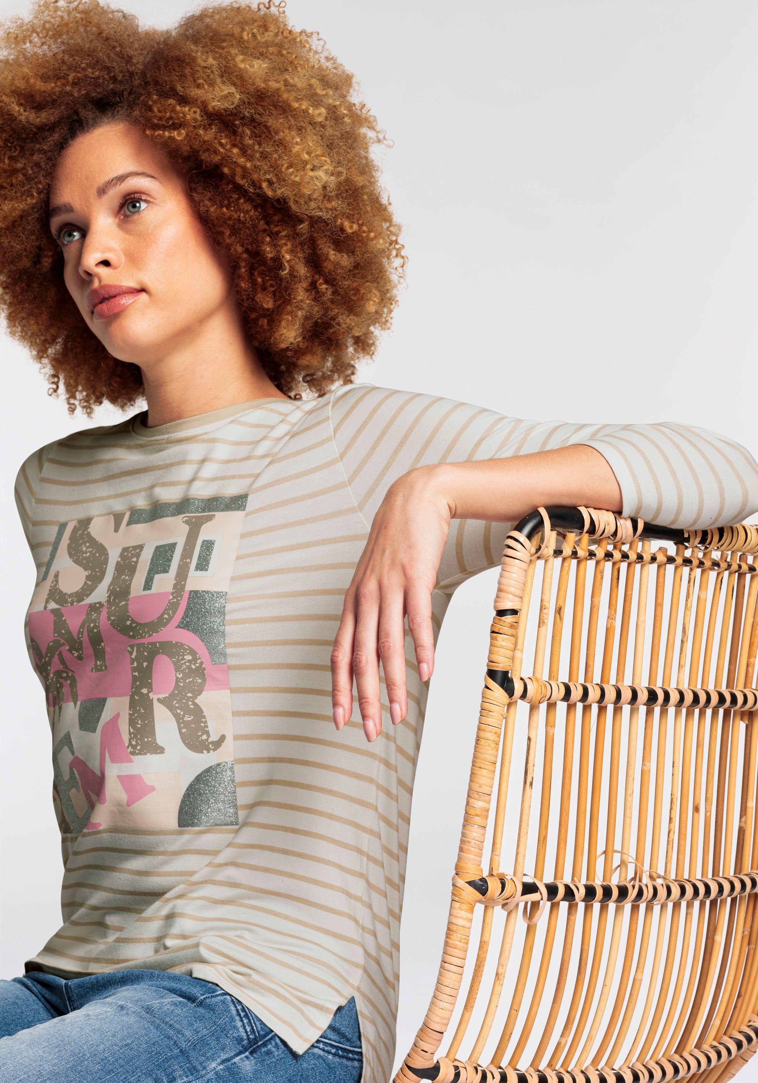 Boysen's Shirt met 3 4 mouwen met streepjes en glinsterende voorkant-print
