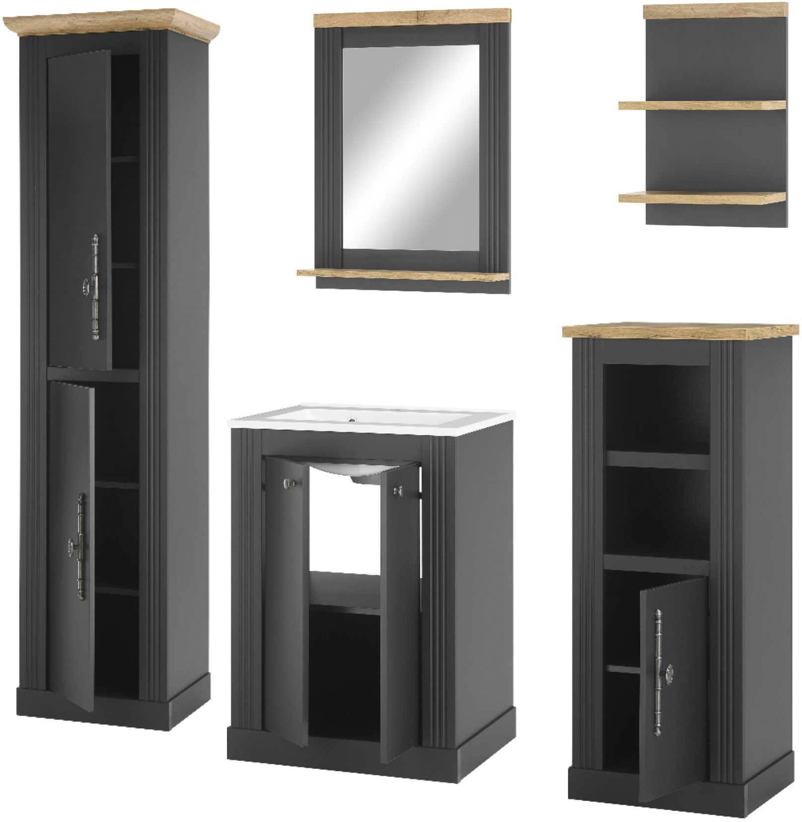 Home affaire Badkamerserie WESTMINSTER, badkamer in landhuisstijl, 5-delig badkamer Waschtafel, spiegel, midikast, plank, hoge kast, breedte 200 cm (5-delig)
