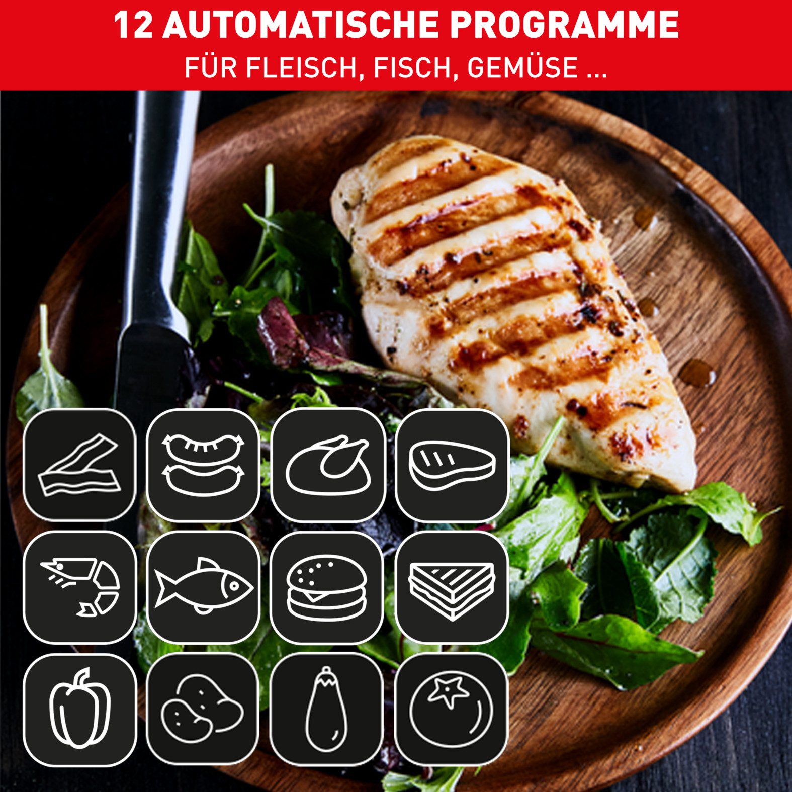 Tefal Contactgrill GC750D OptiGrill Elite 12 programma’s, intuïtieve sensor, grillboost-functie, receptenboek app