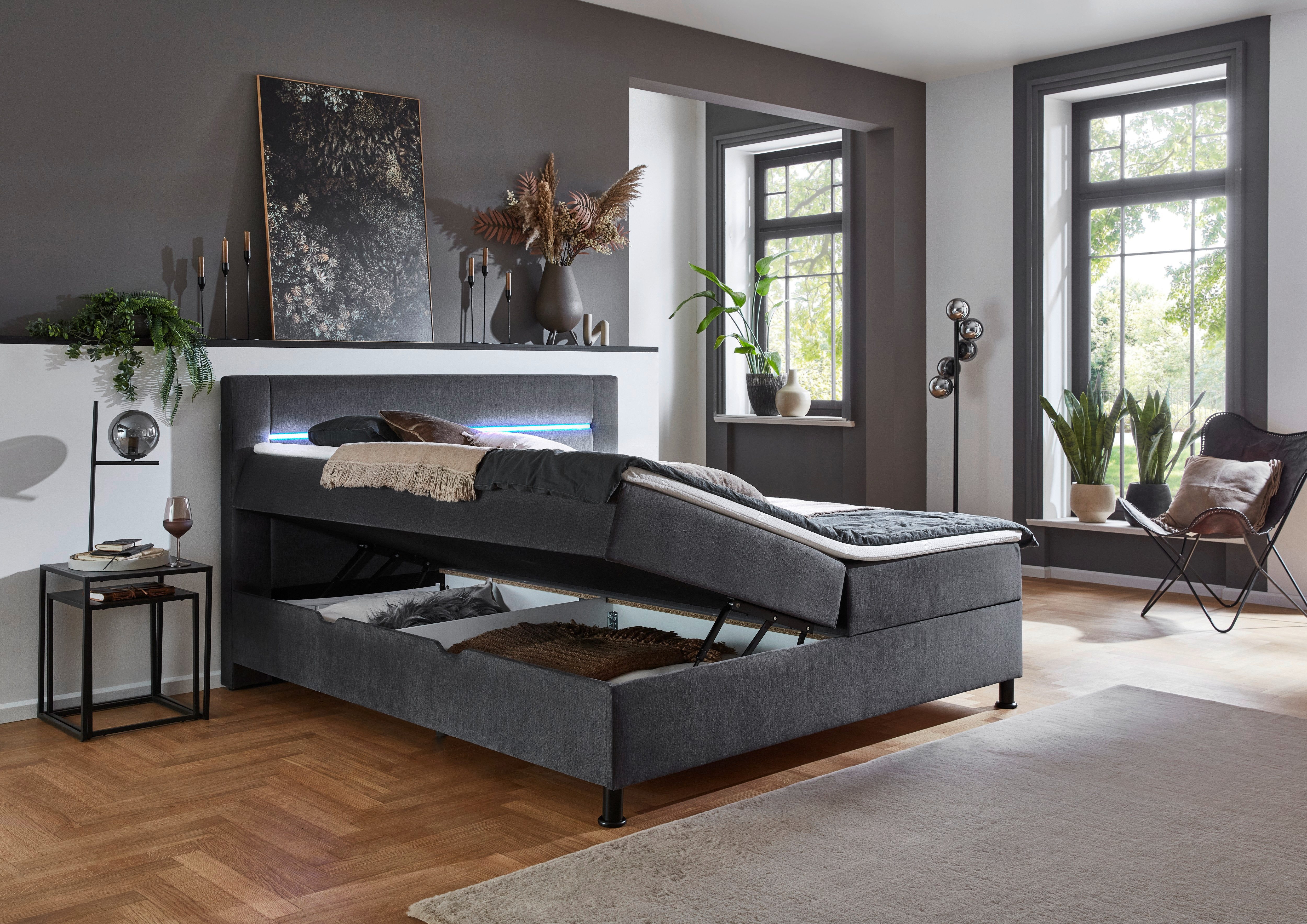 INOSIGN Boxspring Escalon LED met opbergruimte, inclusief topper, LED-lichtstrip in het hoofdeinde boxsprings zwart