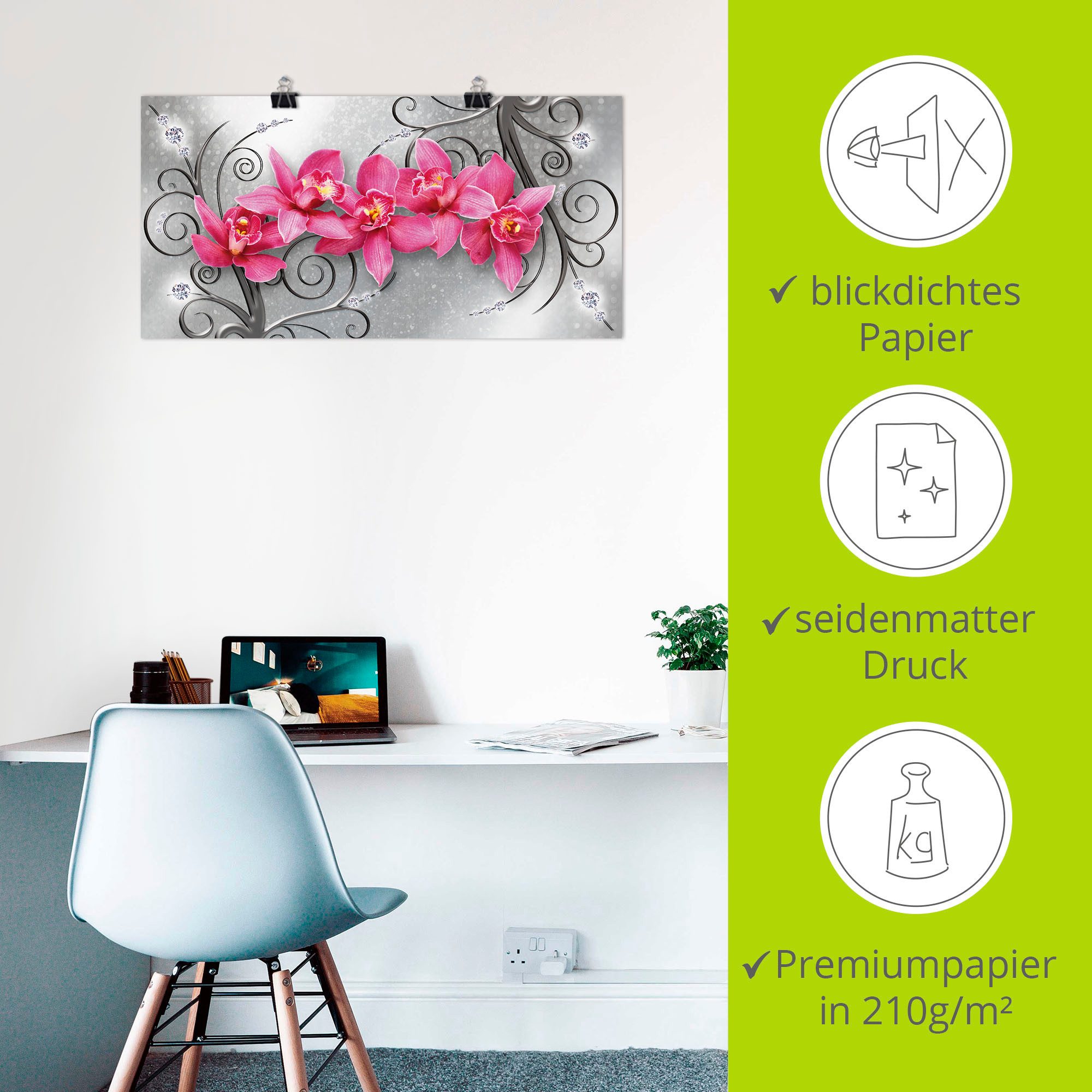 Artland Artprint Roze orchideeën op ornamenten als artprint van aluminium, artprint voor buiten, artprint op linnen, poster, muursticker
