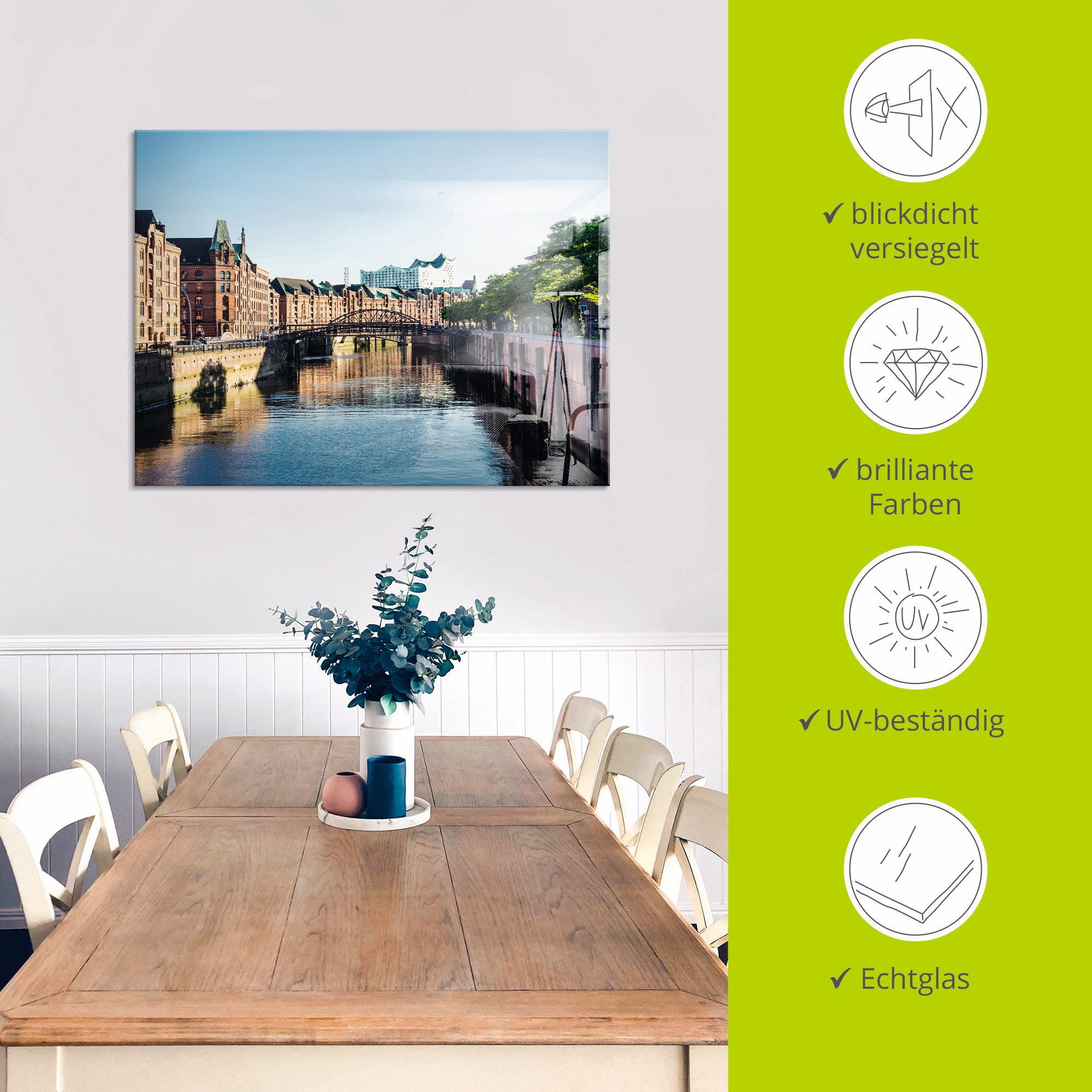 Artland Print op glas Hamburg Speicherstadt in verschillende maten