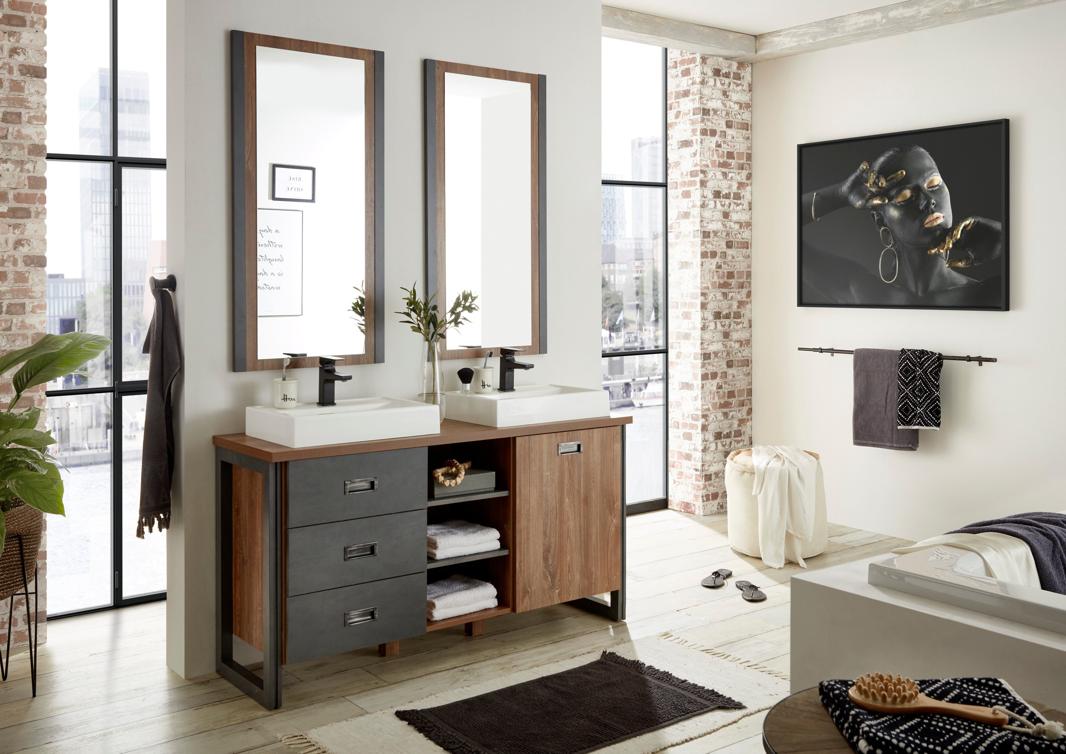 Home affaire Badkamerserie Detroit, badkamer in industriële stijl, 2-delig badkamer (set, 3-delig)