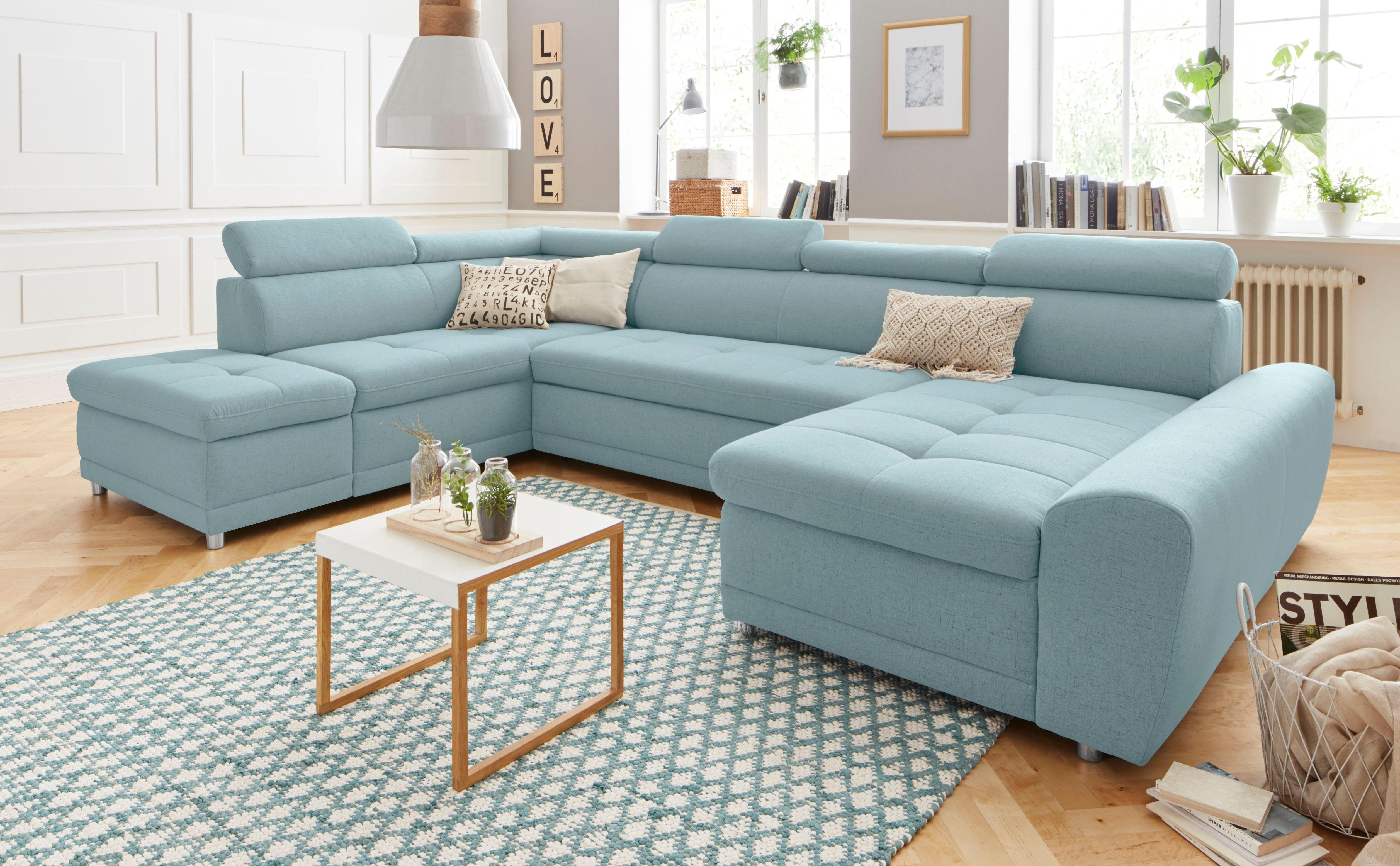 sit&more Zithoek Riva U-vorm optioneel met slaapfunctie blauw, zithoeken, Breedte ligoppervlak: 274 cm, Lengte ligoppervlak: 121 cm