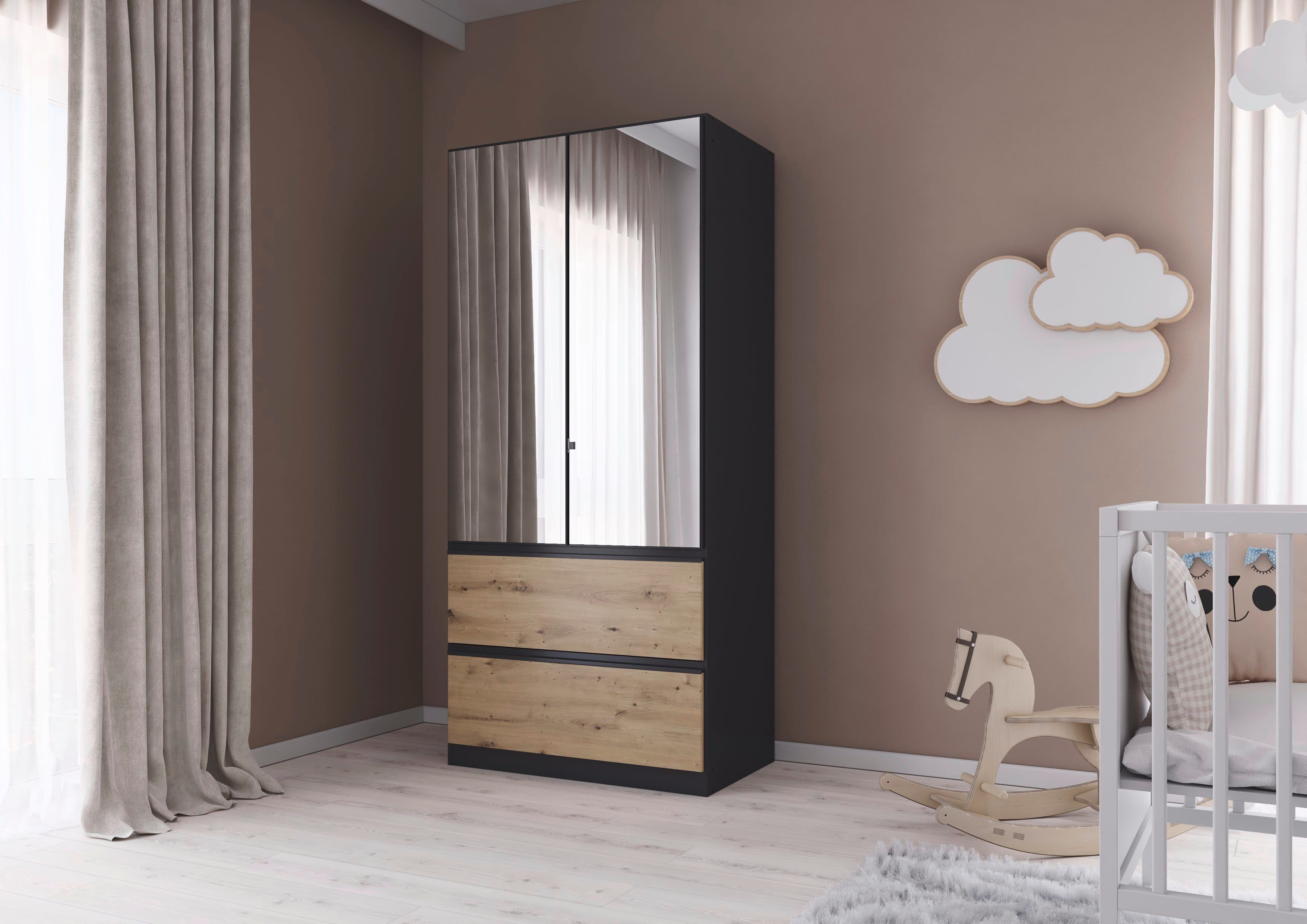 rauch Draaideurkast Kledingkast Kast Garderobe Wasmand COSTA in 3 Breedtes met spiegel, greeploos front en push-to-open functie made in germany