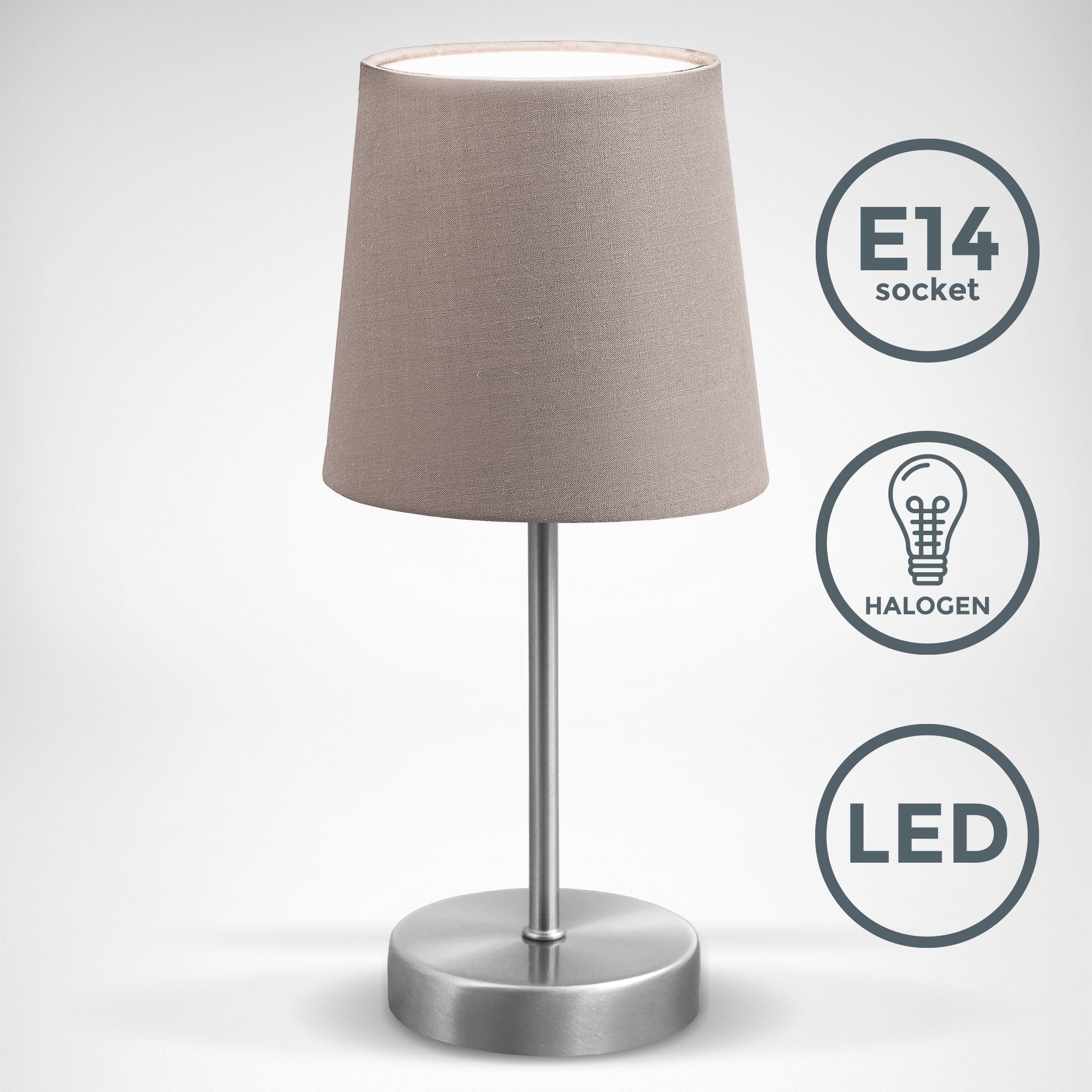 B.K.Licht Tafellamp LED nachttafellamp met schakelaar E14 IP20 stof taupe mat-nikkel