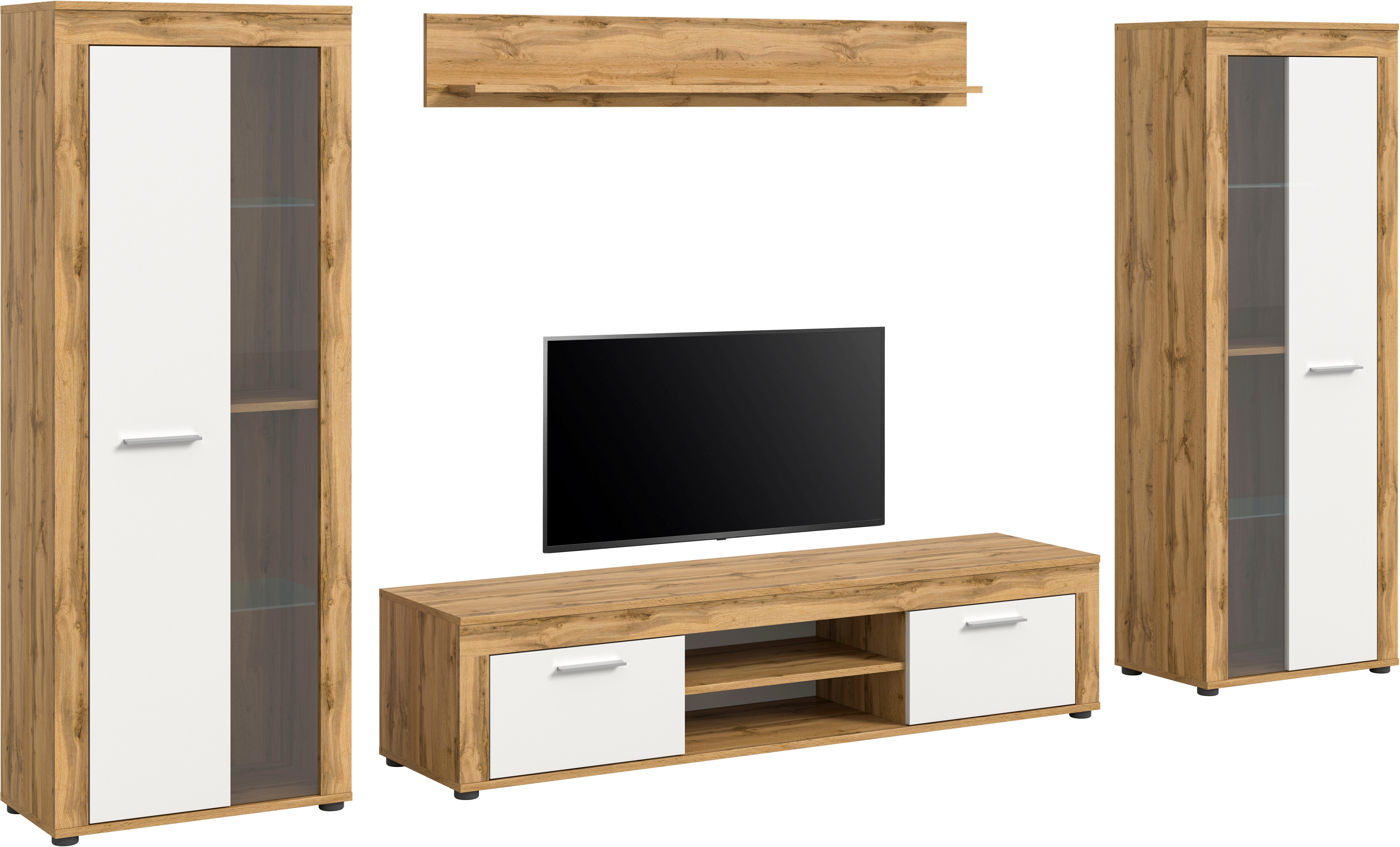 INOSIGN Woonkamerset Aosta, breedte 310 cm, bestaat uit: 2x vitrinekast, lowboard, wandplank