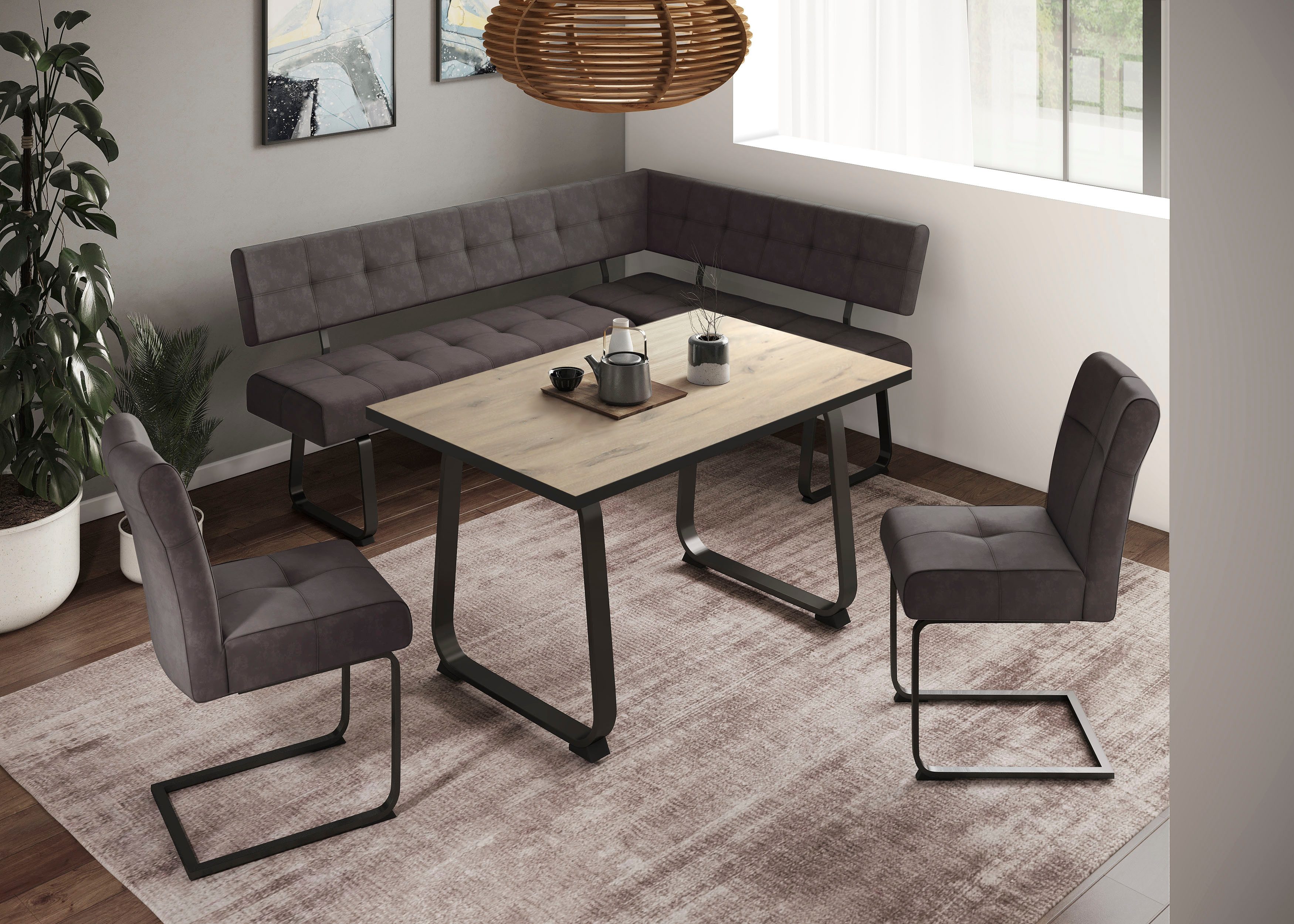 HELA Eethoek RUHR Kufentafel 140x90 cm, schommelstoel en bank met verenmand, comfortzit (4-delig)