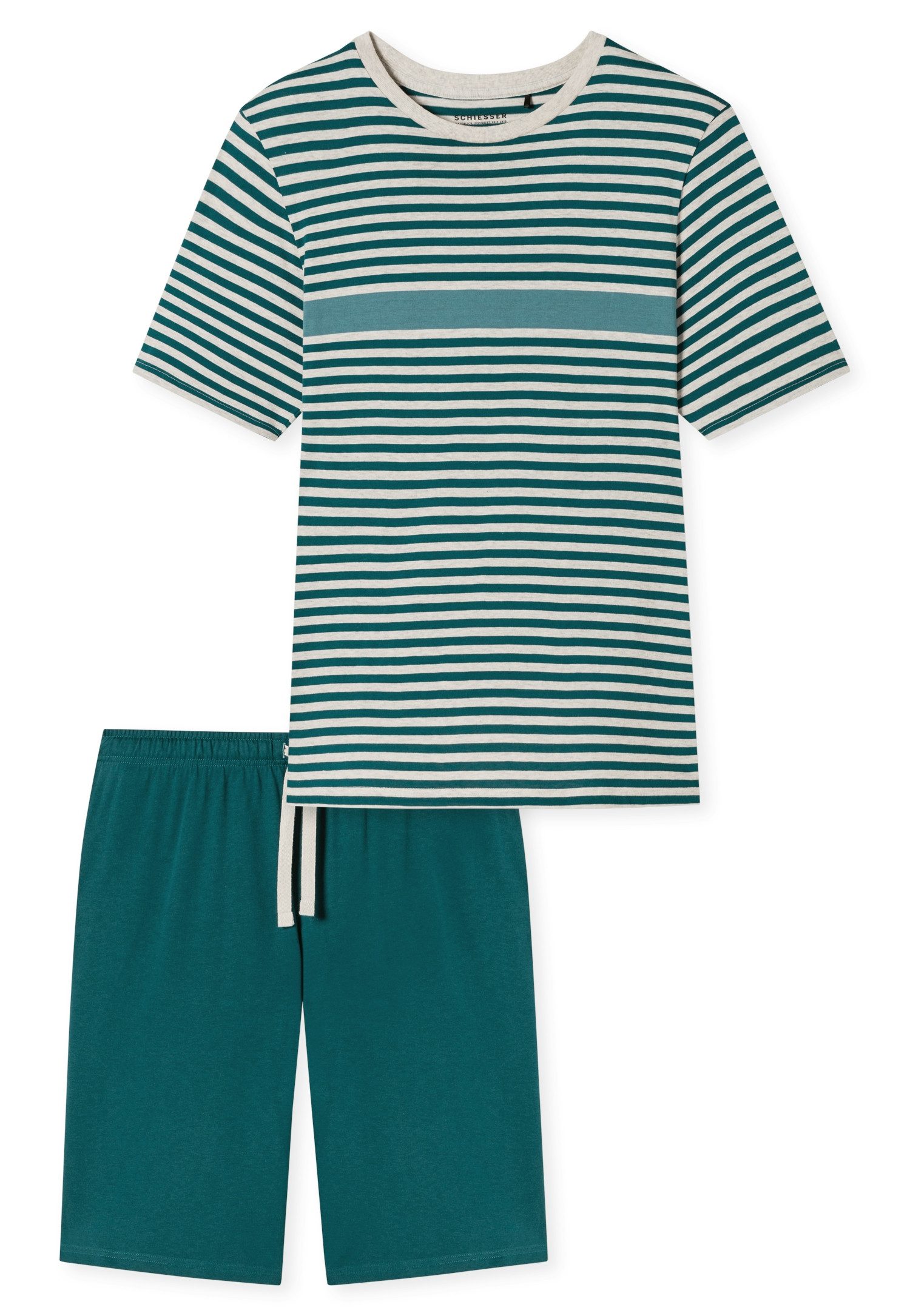 Schiesser Shortama Casual Nightwear met gekleurd contraststrepen en geribbelde ronde hals (2-delig)