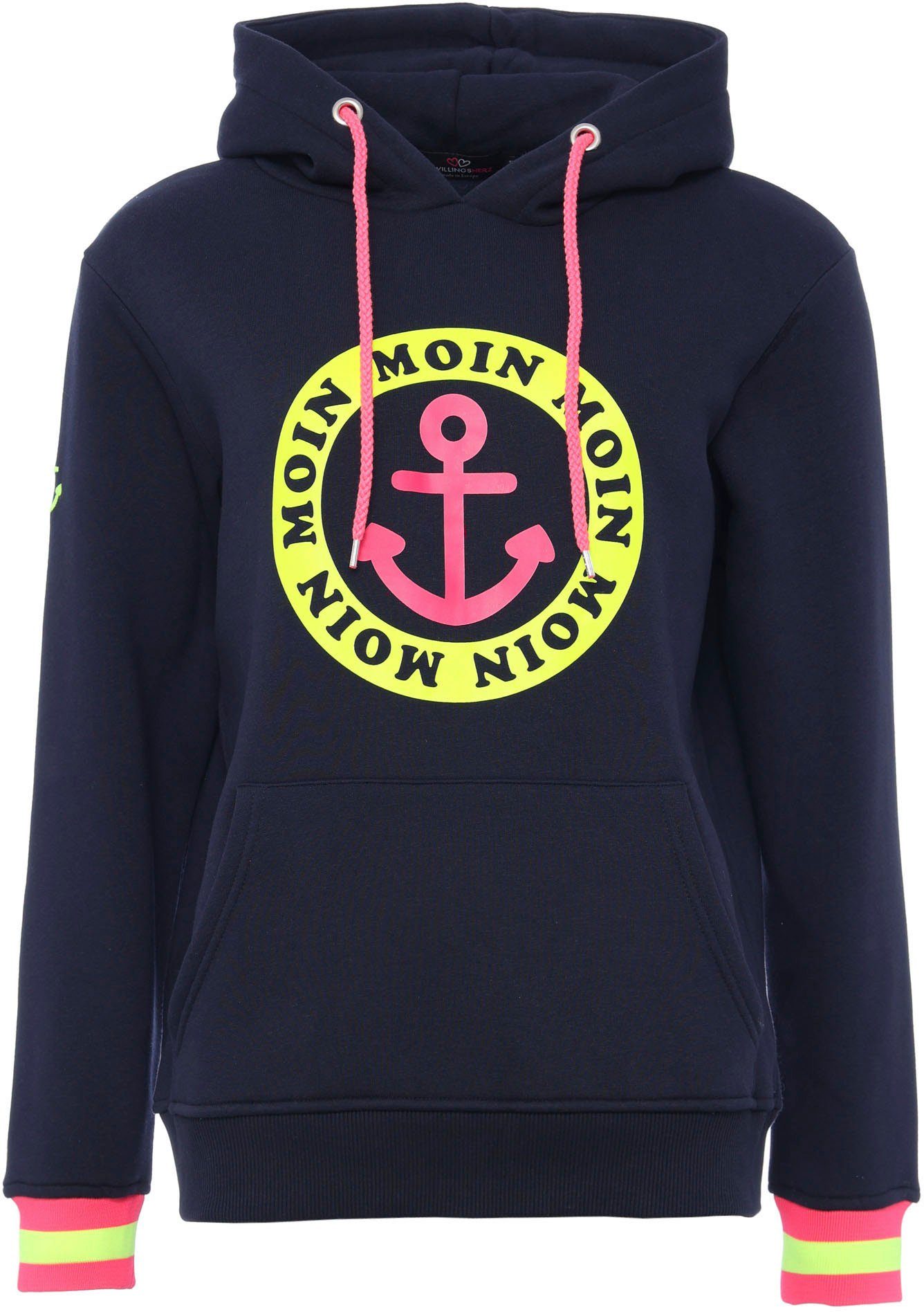 Zwillingsherz Hoodie met print "moin" en "anker" in neonkleuren