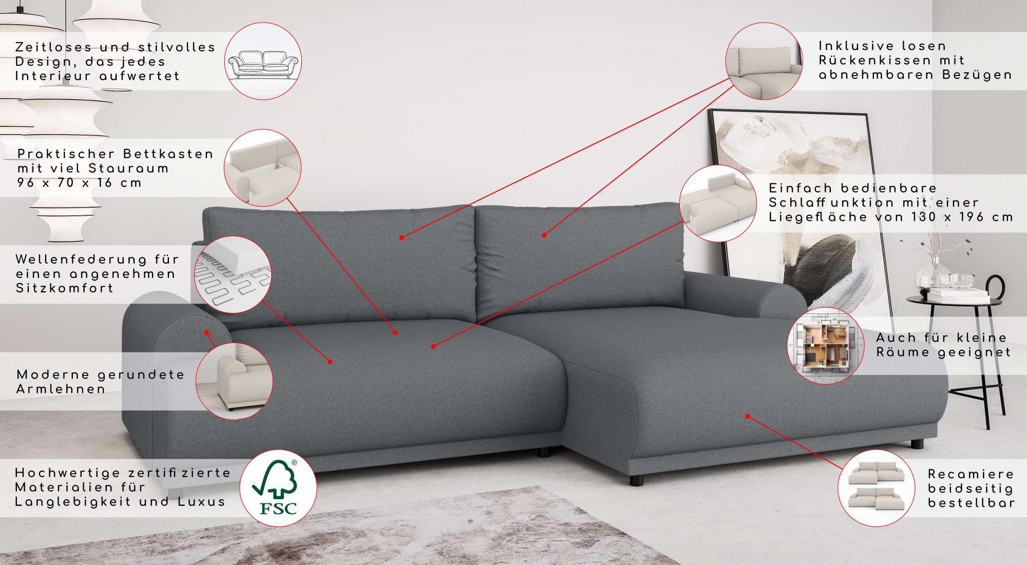 INOSIGN Hoekbank Marsby, met bedfunctie en bedlade, afmetingen: B/H/D 242/65/145 cm