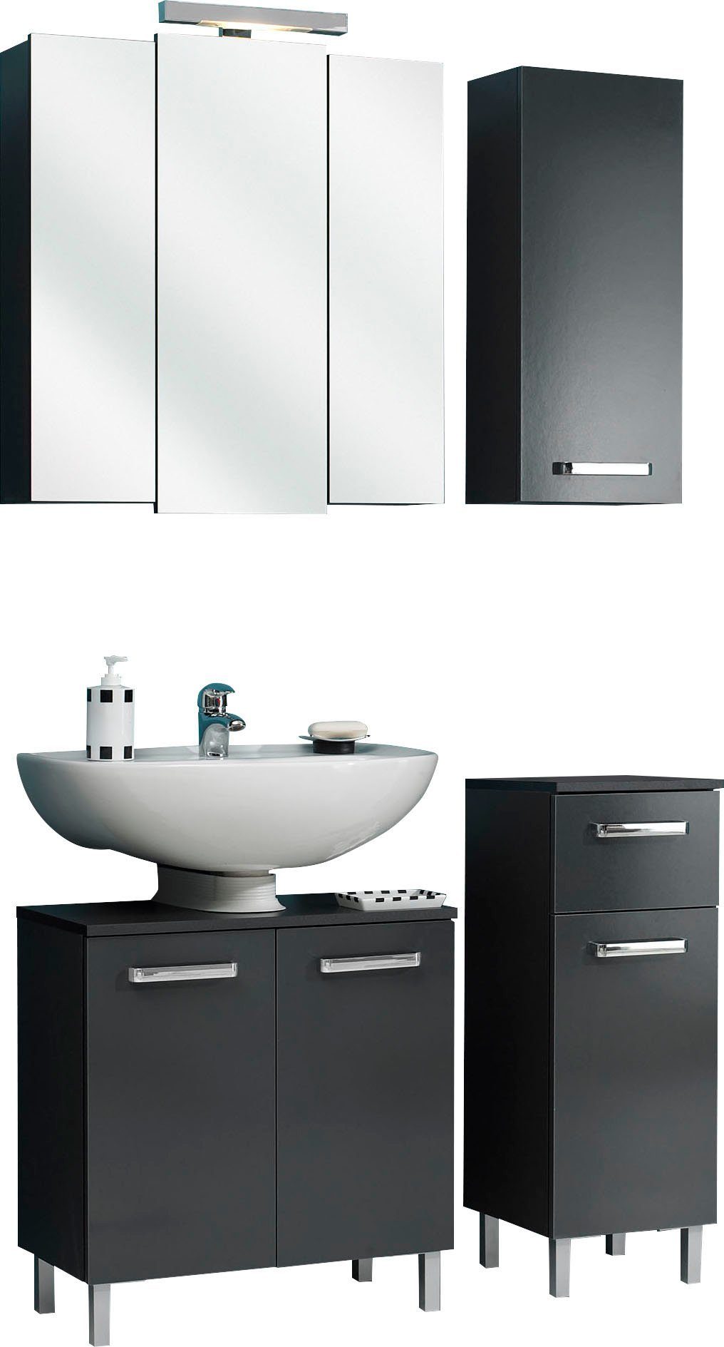 Saphir Badkamerserie Quickset 4-delig, wastafelonderkast met led-spiegelkast Onderkast, hangkast, incl. deurdempers, grepen chroom glans (4-delig)