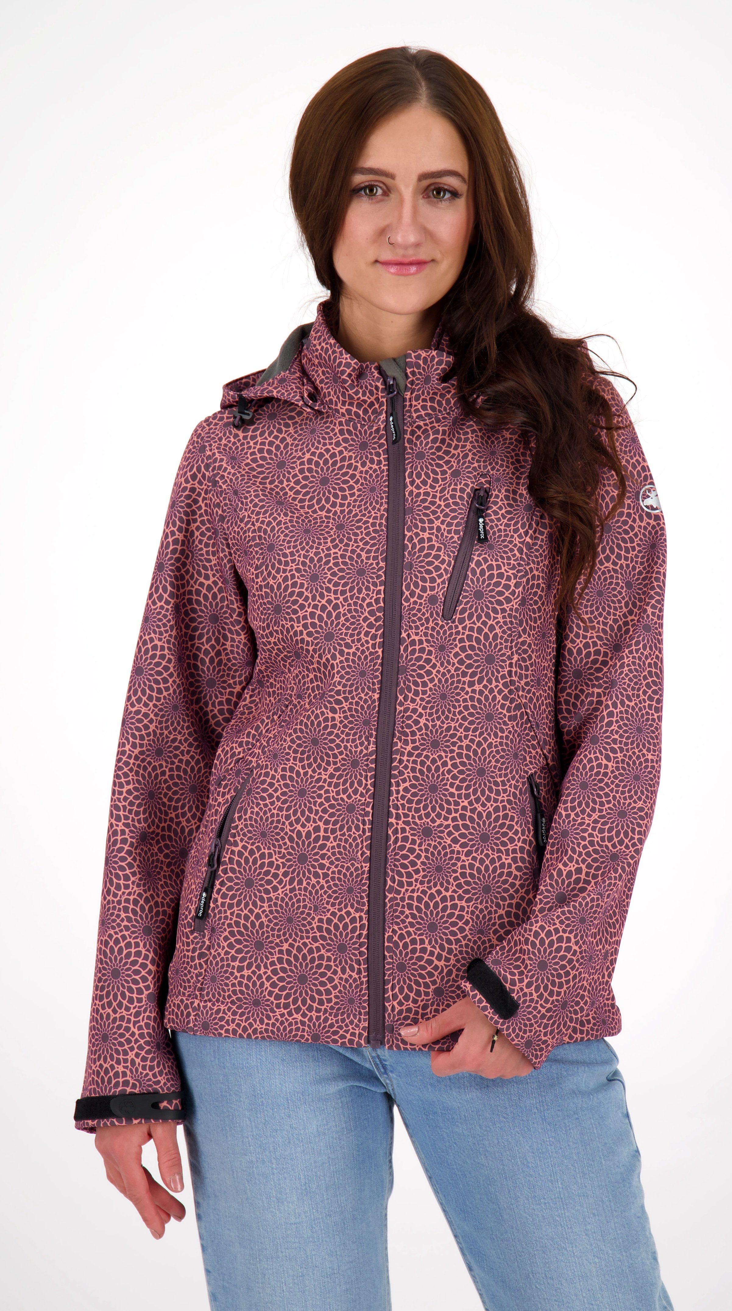 DEPROC Active Softshell-jack SHELBY PEAK DC licht softshell-jack met all-over-print en afneembare capuchon