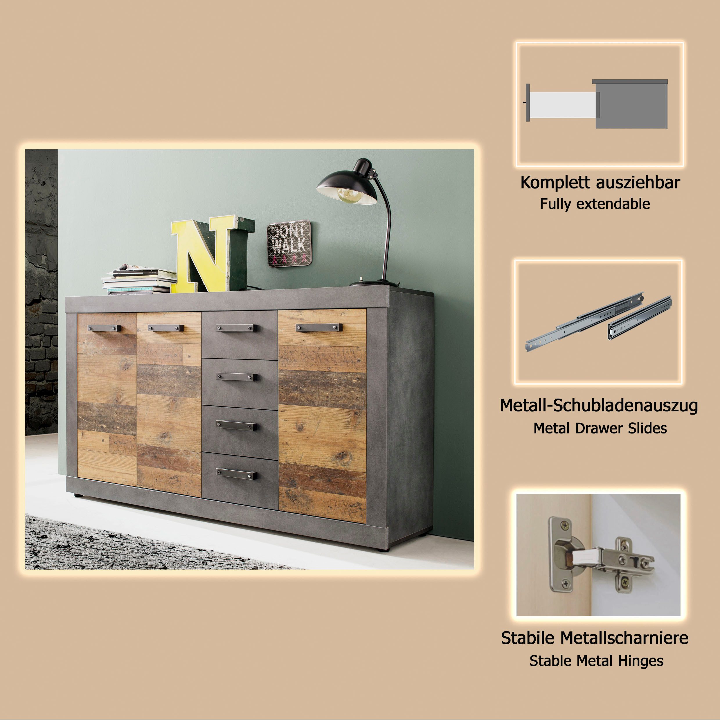 INOSIGN Kast Ilana Sideboard in moderne industriële stijl - Met 4 lades en 4 vakken