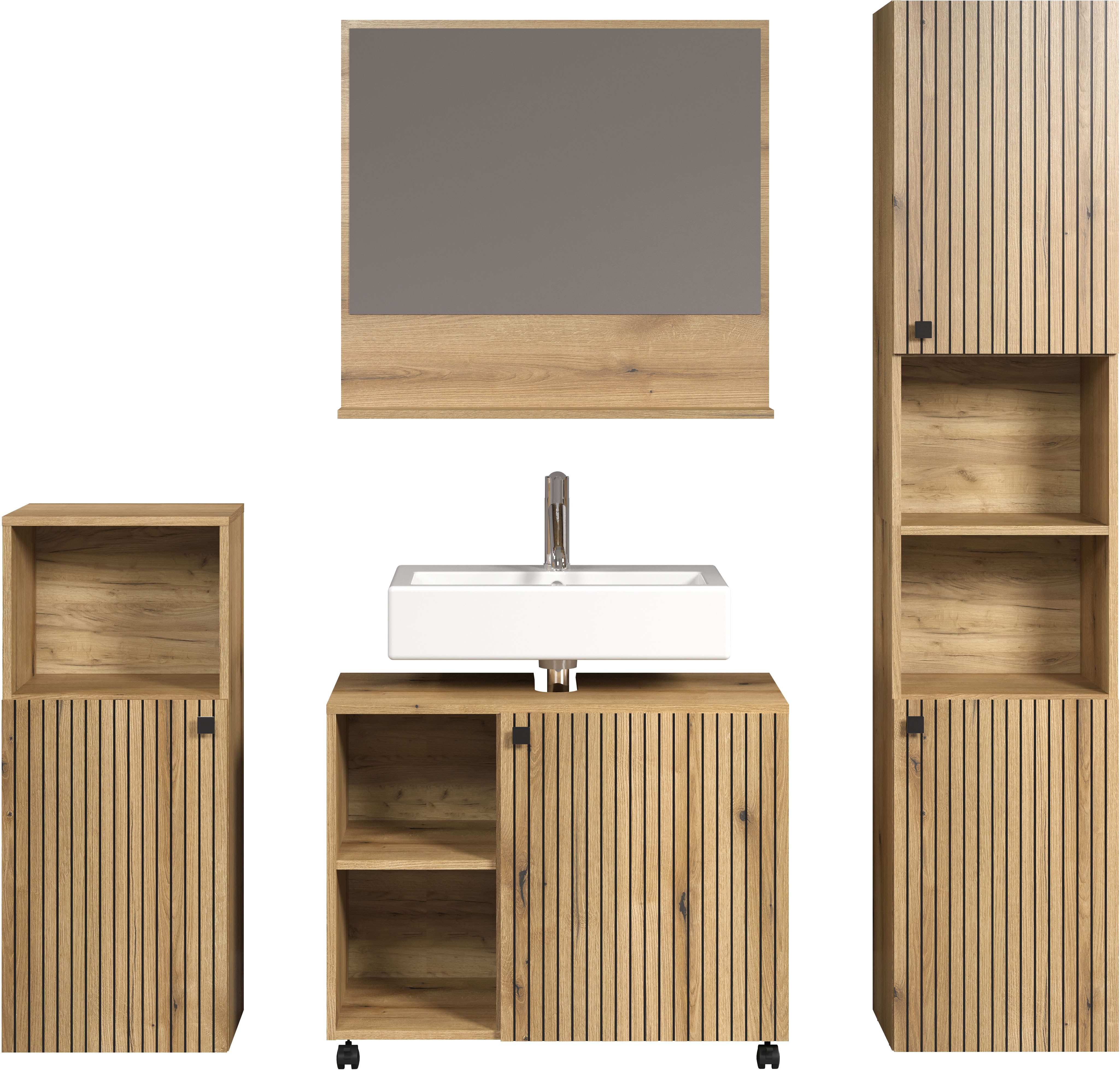 welltime Badmeubelset Amrum wastafelonderkast spiegel hoge kast badkamerkast Badkamermeubels met groeflook - Wasbakonderkast op wielen (complete set, 4 stuks)