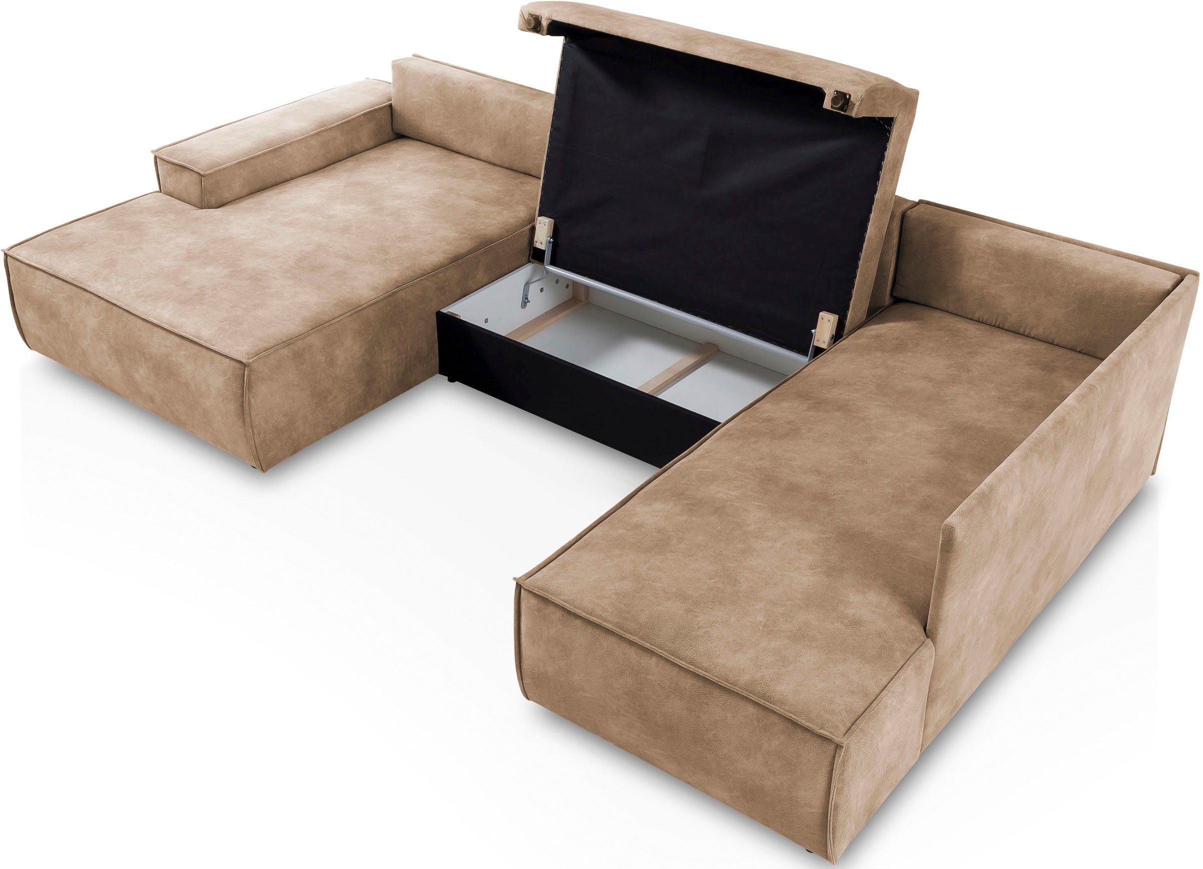 Home affaire Zithoek SHERWOOD 329 cm, U-vorm, slaapbank, Slaapfunctie met bedkist (194x139 cm), cord, vintage, fluweel