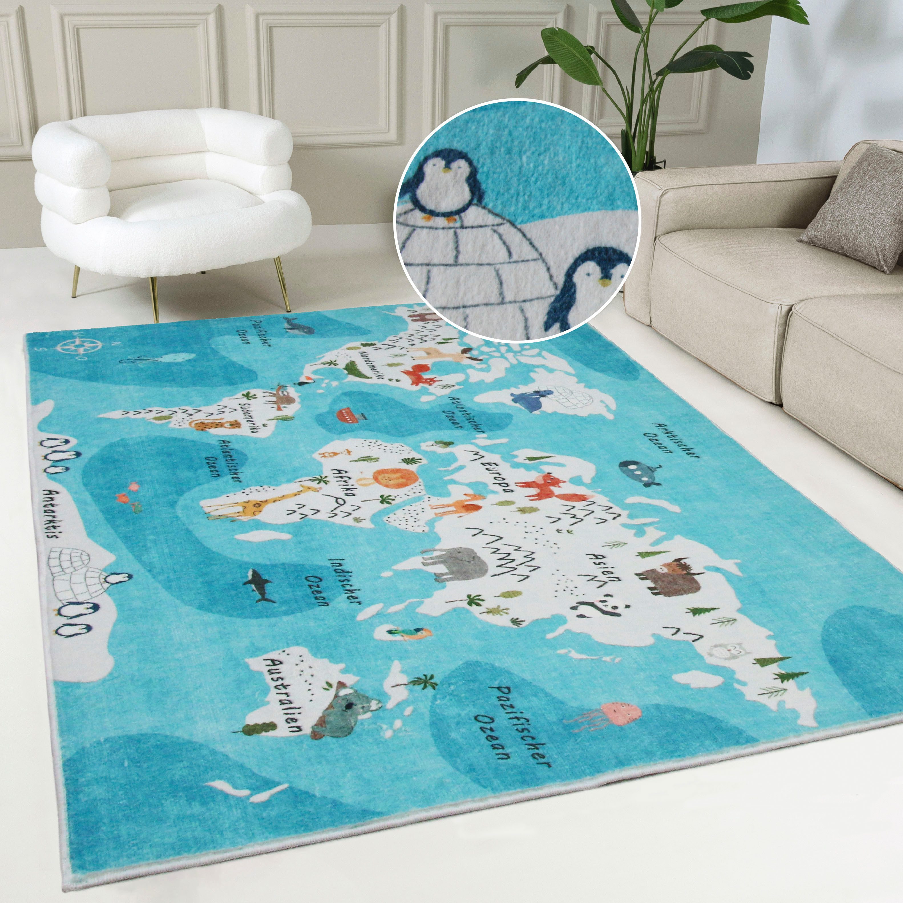 my home Kindervloerkleed Wereldkaart Dieren, zacht, modern ontwerp, kinderkamer, 2 kleurvarianten