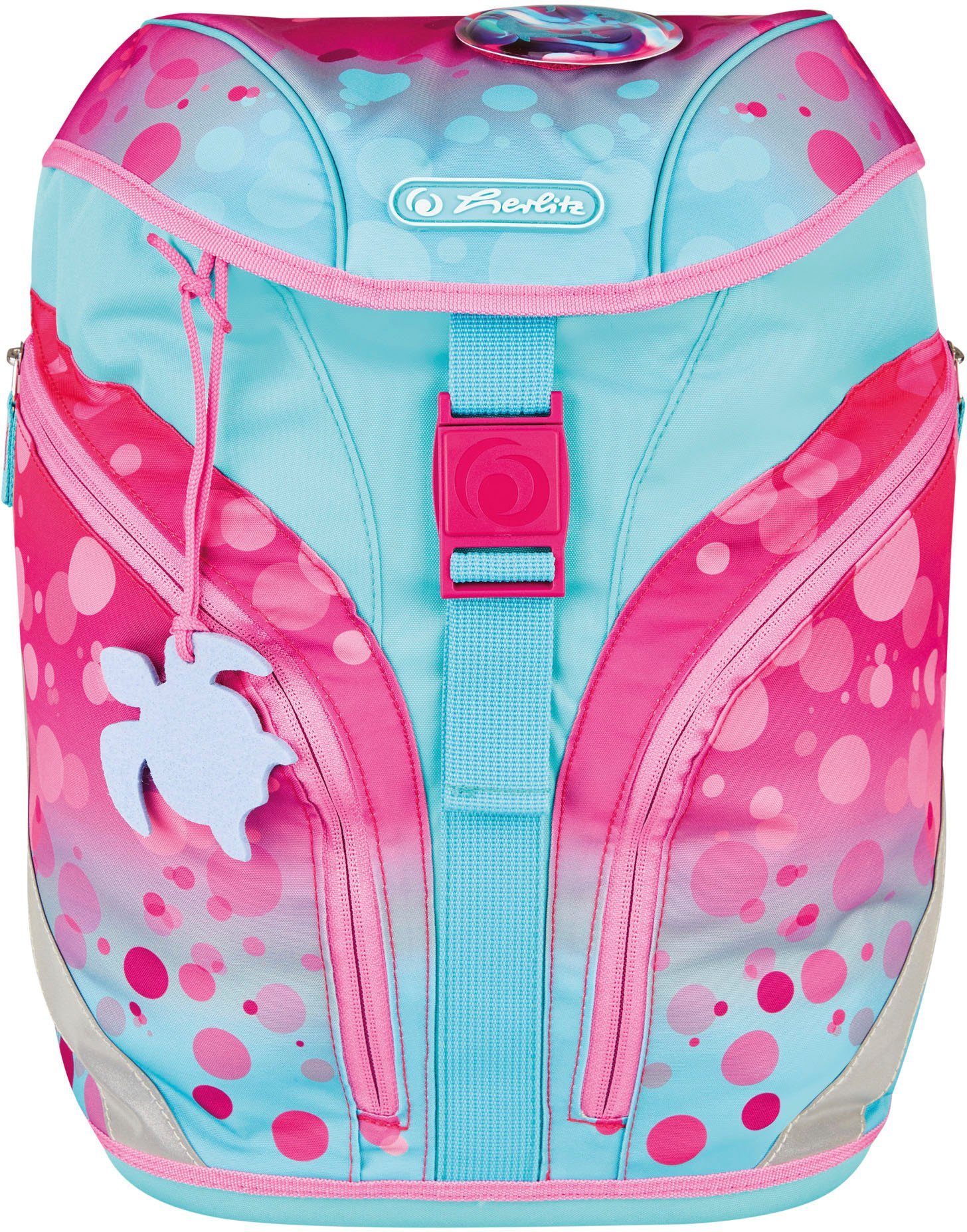 Herlitz Schoolrugzak SoftLight Plus GREENline, Pink Bubbles met afneembare applicatie en vilten hanger (set, 7-delig)